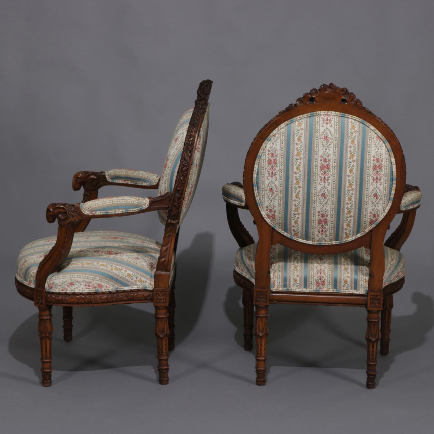 19th Century Antique Italian Figural Carved Walnut Upholstered Parlor Set, Doves and Rams