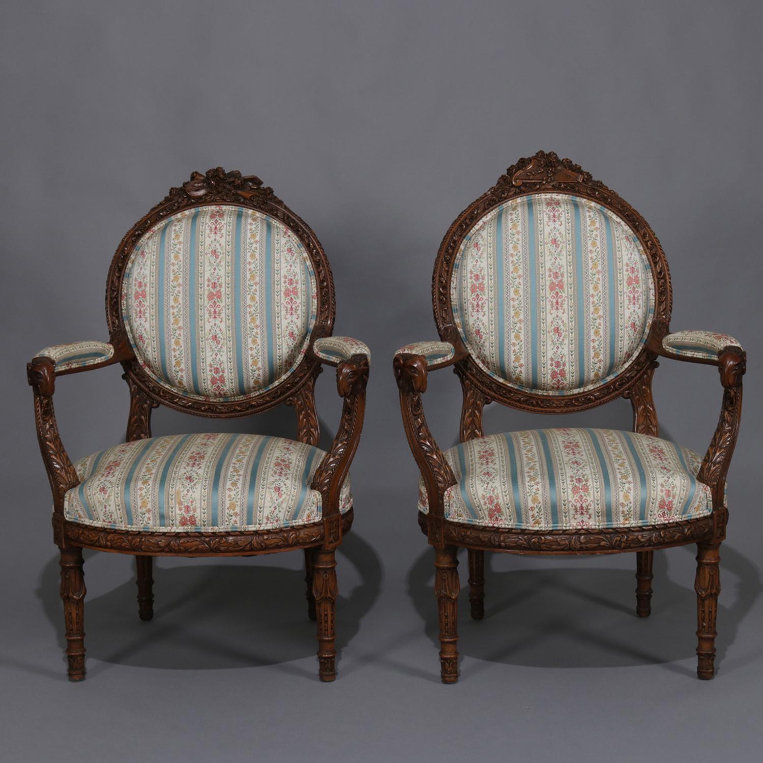 Antique Italian Figural Carved Walnut Upholstered Parlor Set, Doves and Rams 1
