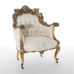 Antique Italian Figural Cherub Carved Giltwood Upholstered Chair 19th C