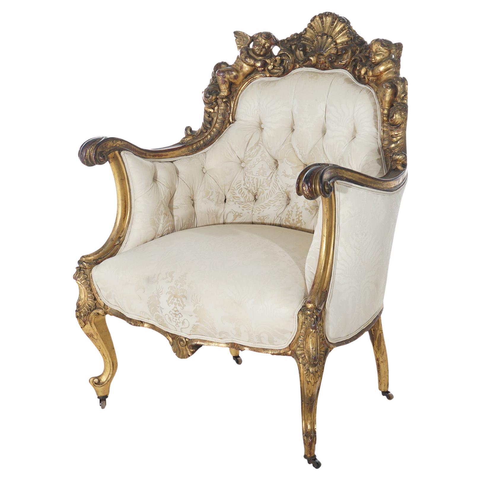 Antique Italian Figural Cherub Carved Giltwood Upholstered Chair 19th C