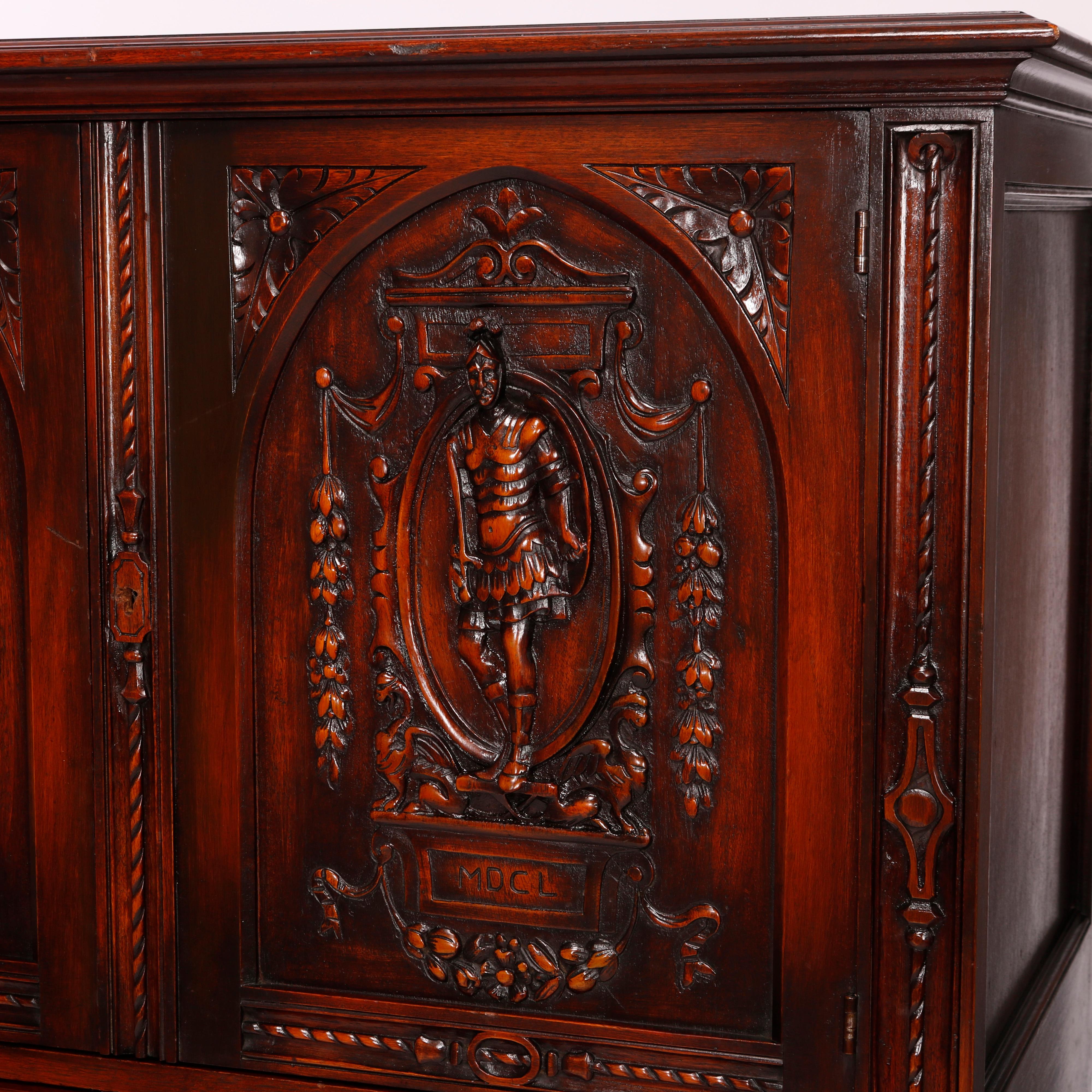 Antique Italian Figural Mahogany Secretary Credenza, Carved in Relief, c1920 In Good Condition For Sale In Big Flats, NY