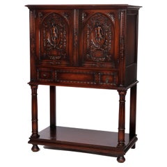 Used Italian Figural Mahogany Secretary Credenza, Carved in Relief, c1920