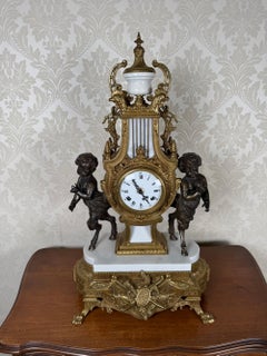 Antique Italian Figural Mantel Clock with Cherubs and Marble Base