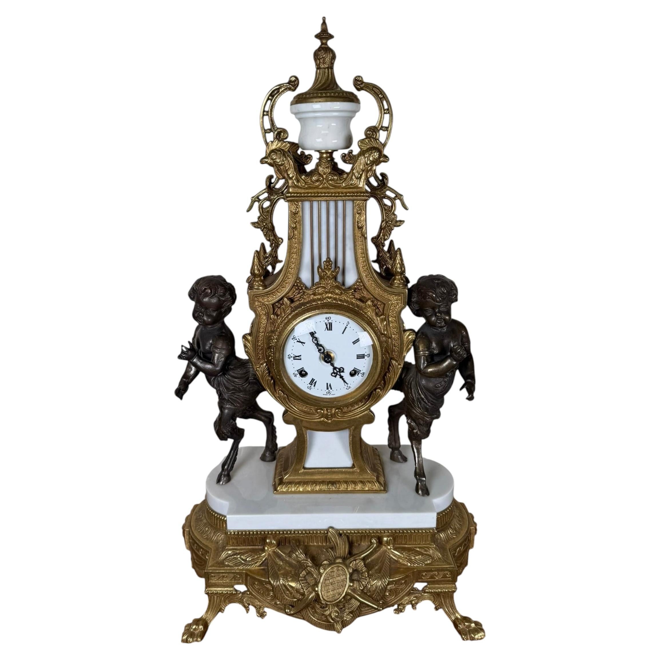 Antique Italian Figural Mantel Clock with Cherubs and Marble Base