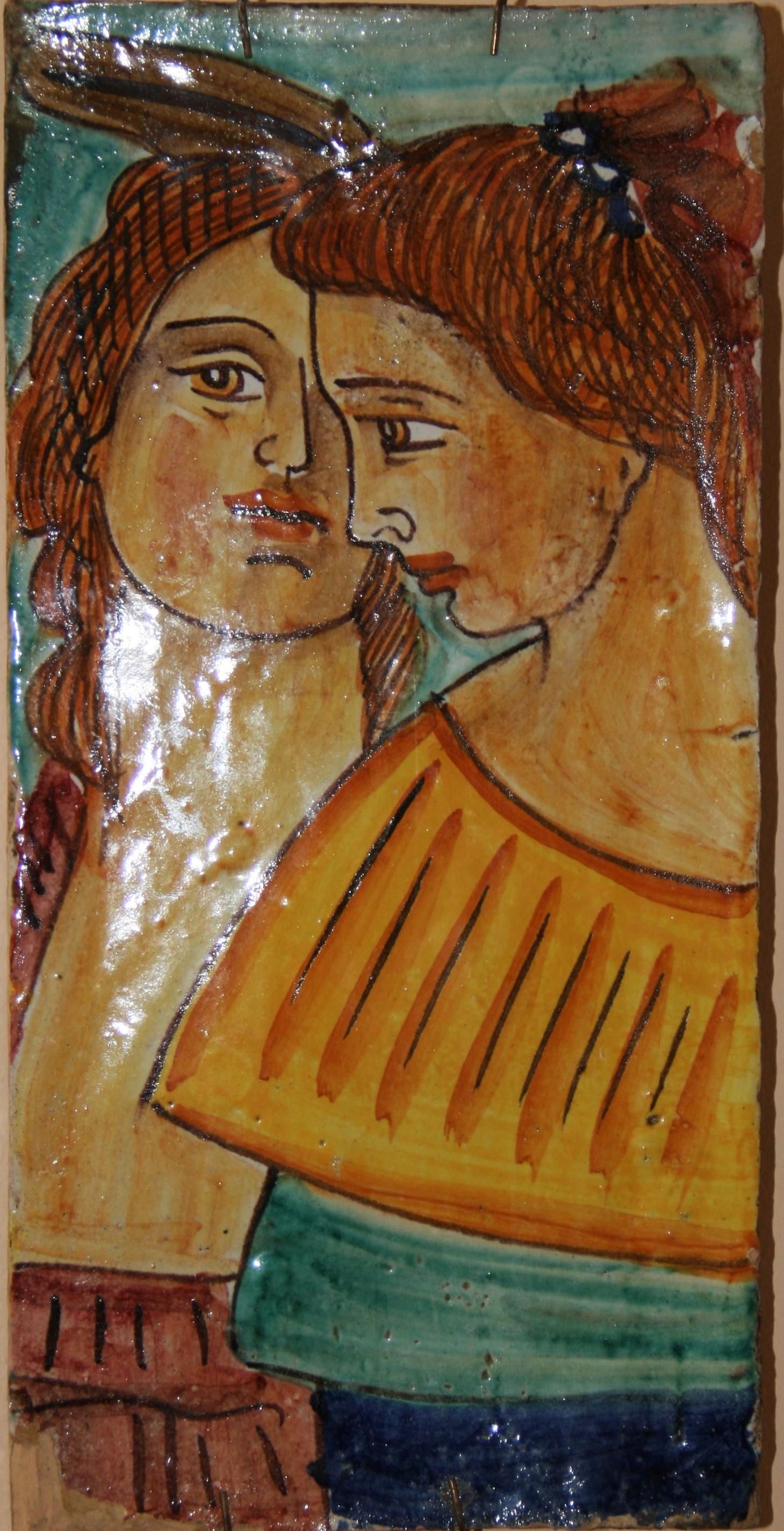 5146 Antica piastrella in ceramica Itqlian dipinta a mano raffigurante due sorelle
Ferramenta per appendere sul retro