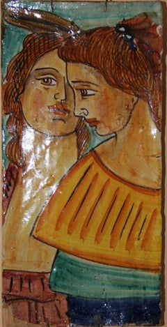 Antique Italian Figural Painted Ceramic Tile "Two Sisters"