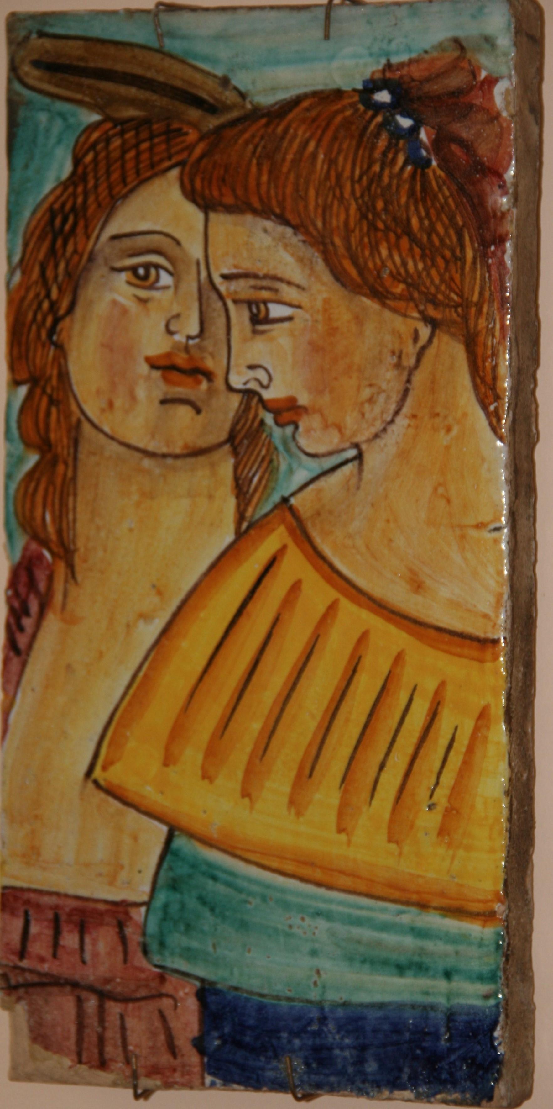 Dipinto a mano Antica mattonella italiana in ceramica dipinta figurata 