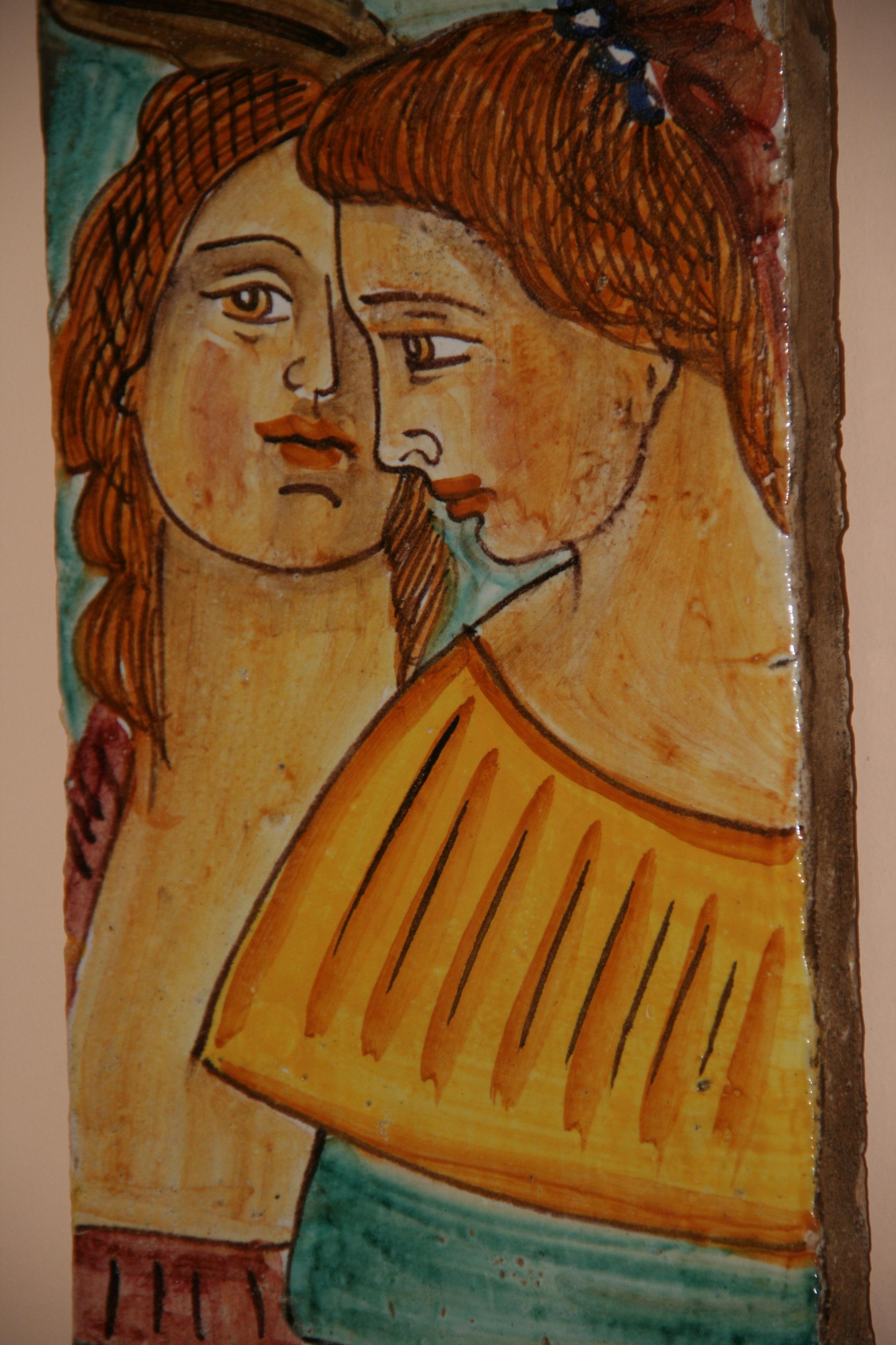 Antica mattonella italiana in ceramica dipinta figurata 