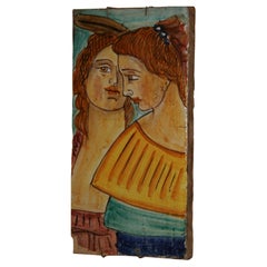 Antica mattonella italiana in ceramica dipinta figurata "Due sorelle