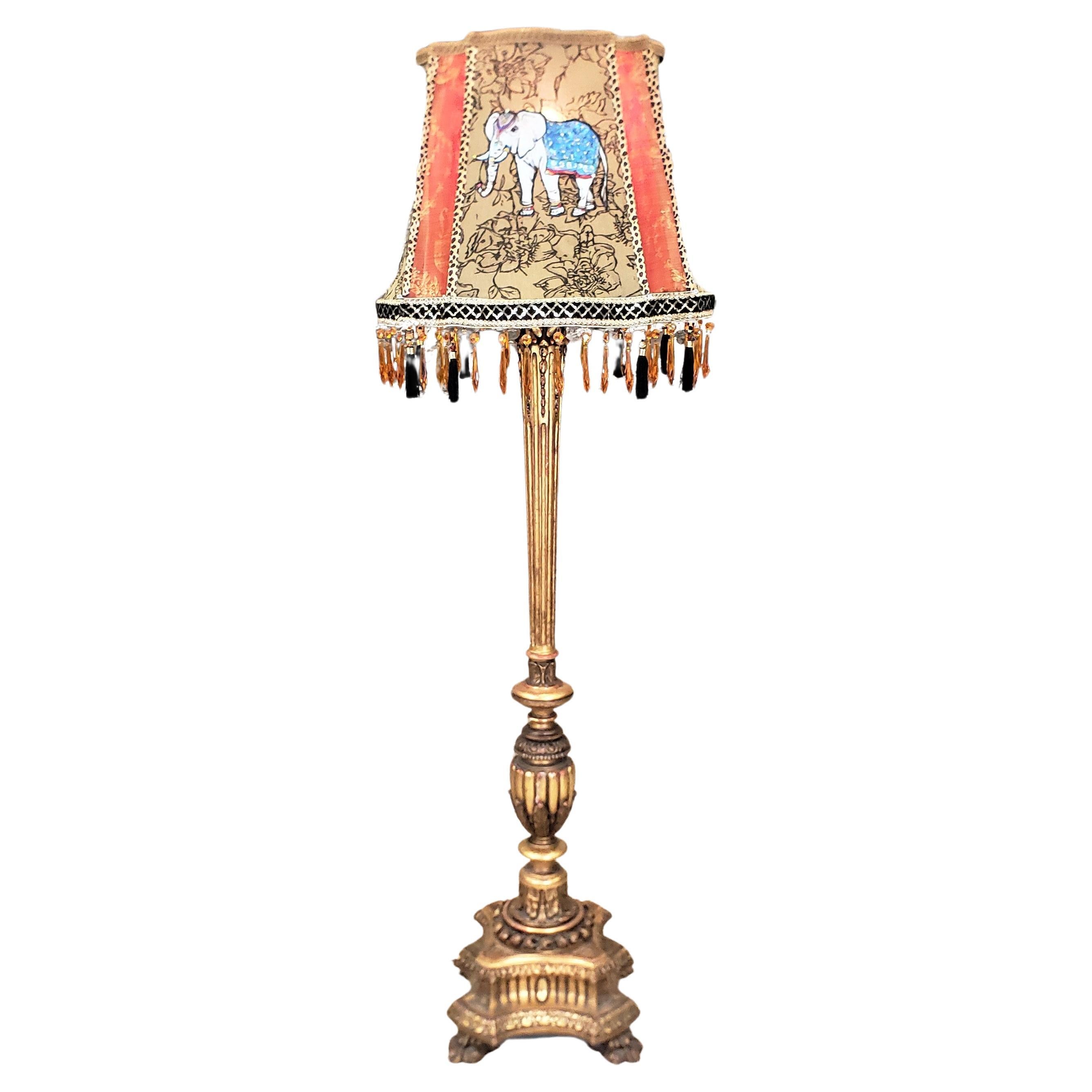 Antique Italian Florentine Hand-Carved & Gilt Finished Floor Lamp & Shade For Sale
