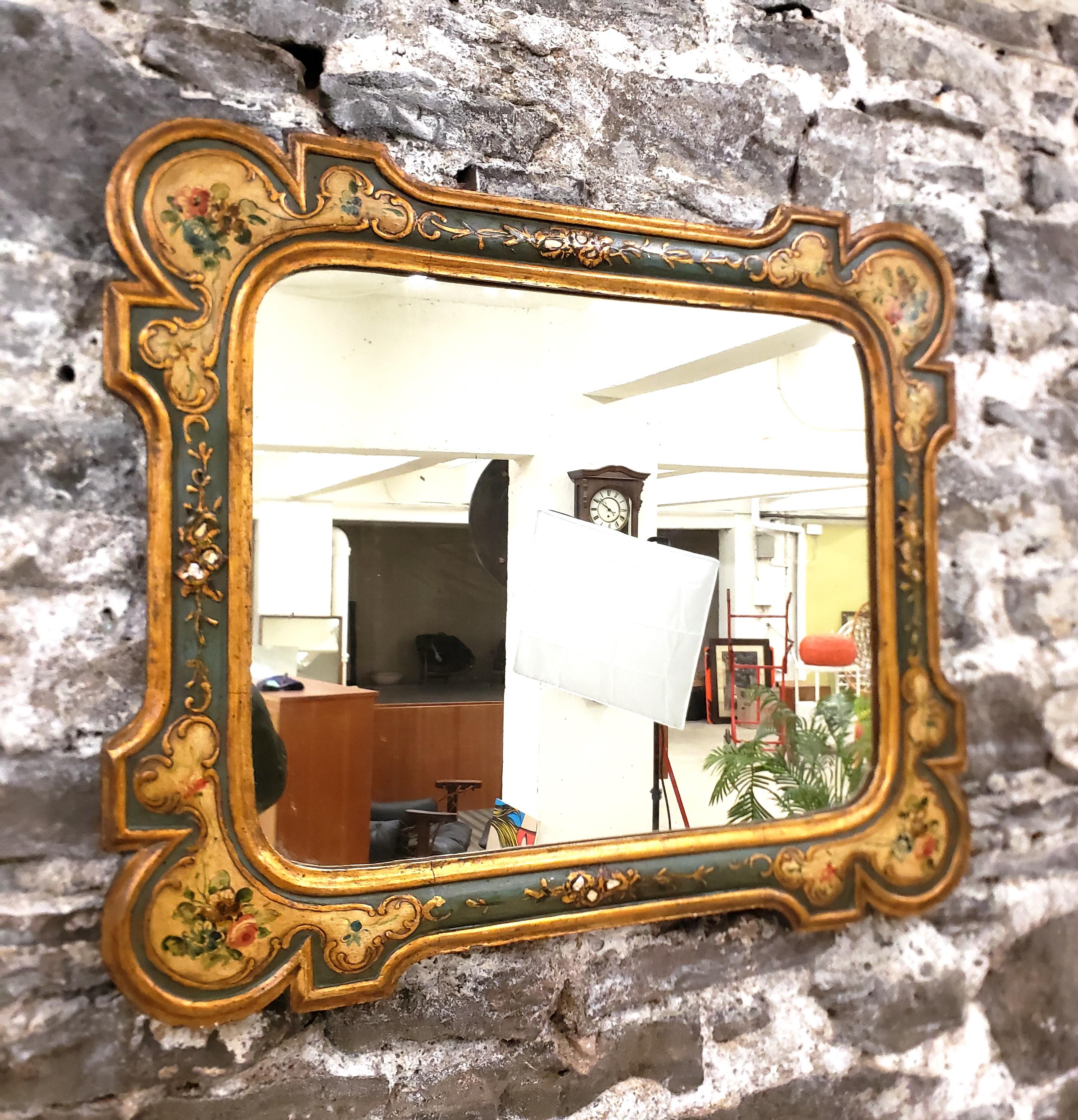 Country Antique Italian Florentine Wood Framed Wall Mirror with Hand-Painted Flowers For Sale