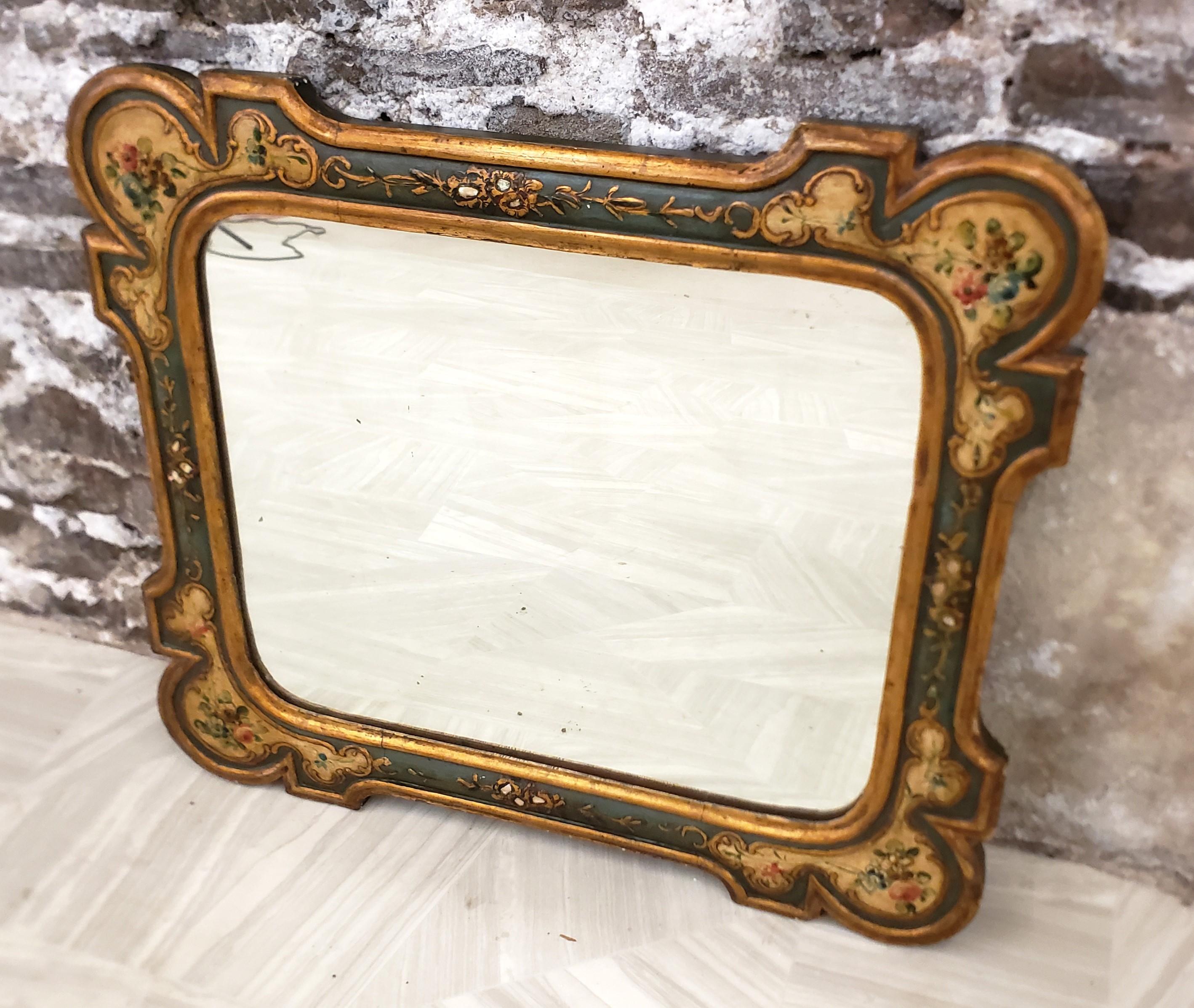 Antique Italian Florentine Wood Framed Wall Mirror with Hand-Painted Flowers In Good Condition For Sale In Hamilton, Ontario