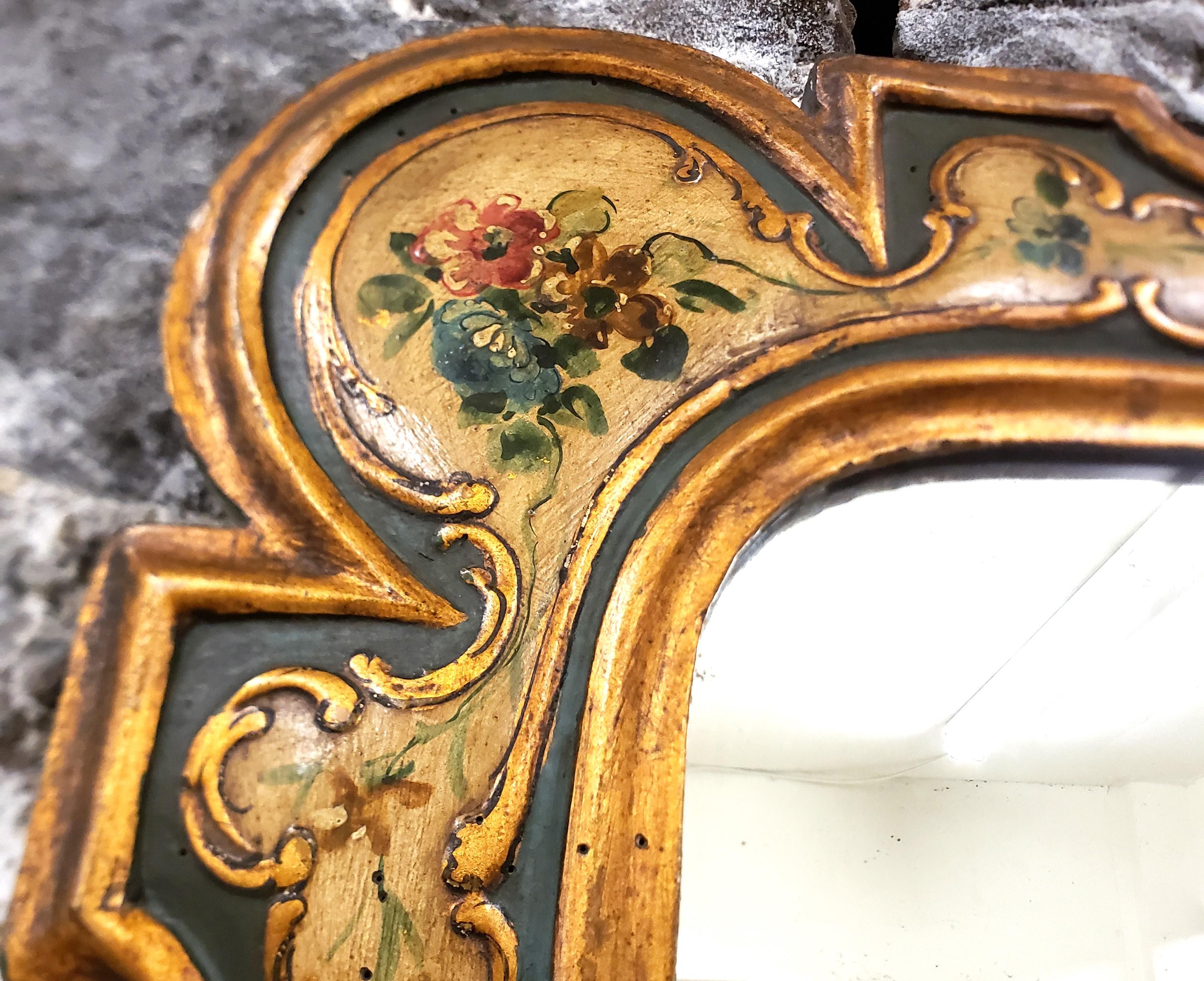 Glass Antique Italian Florentine Wood Framed Wall Mirror with Hand-Painted Flowers For Sale