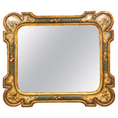 Antique Italian Florentine Wood Framed Wall Mirror with Hand-Painted Flowers