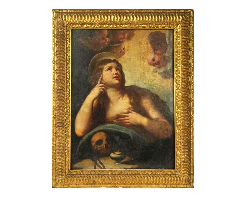 An antique oil painting on canvas depicting a portrait of Mary Magdalene by the follower of Luca Giordano, Italian, 1634 to 1705. Unsigned. Framed. Luca Giordano was an Italian painter and engraver of the Italian Baroque, a representative of the