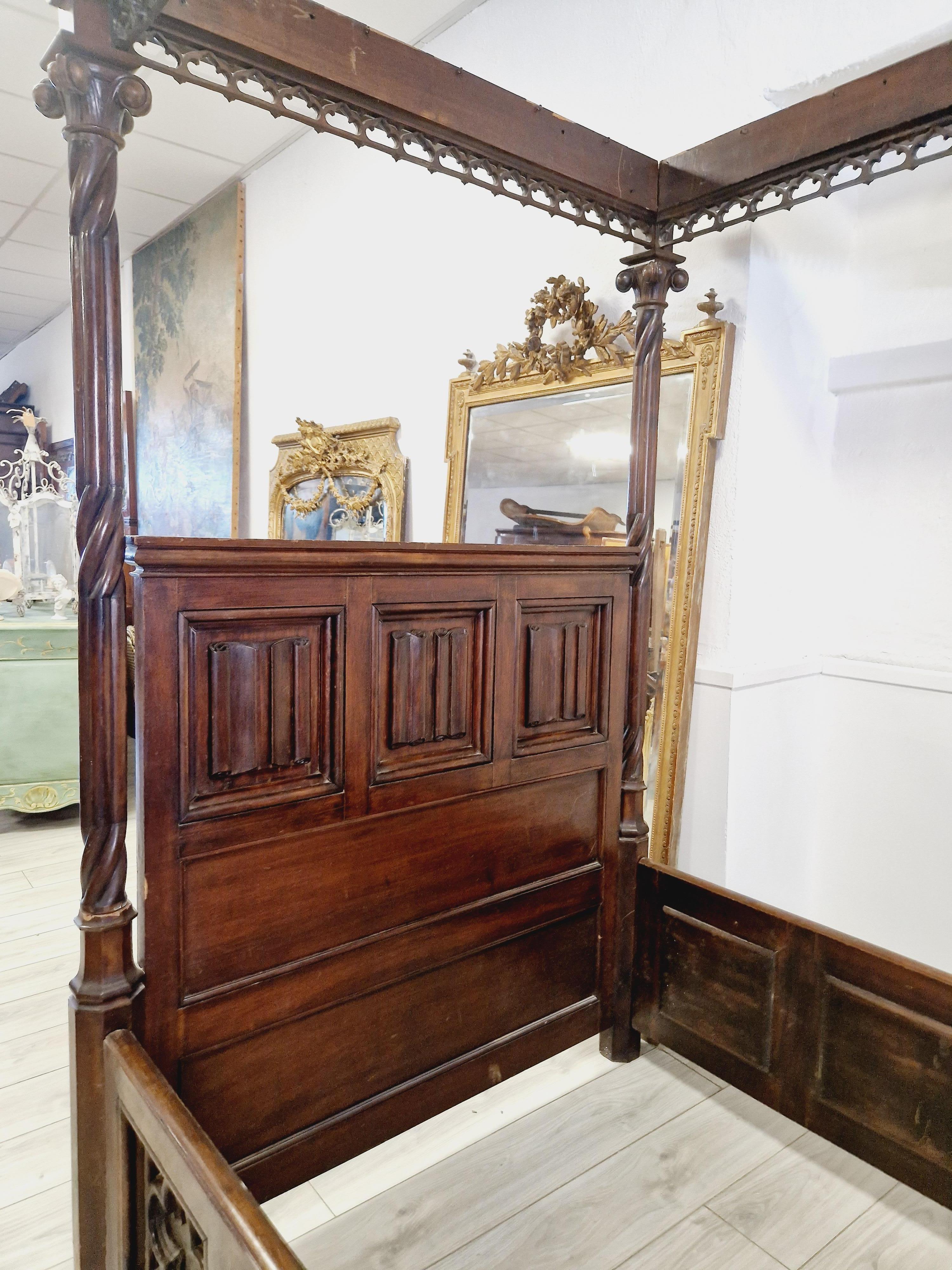 19th Century Antique Italian Four Poster Canopy Bed Sicilian Wood