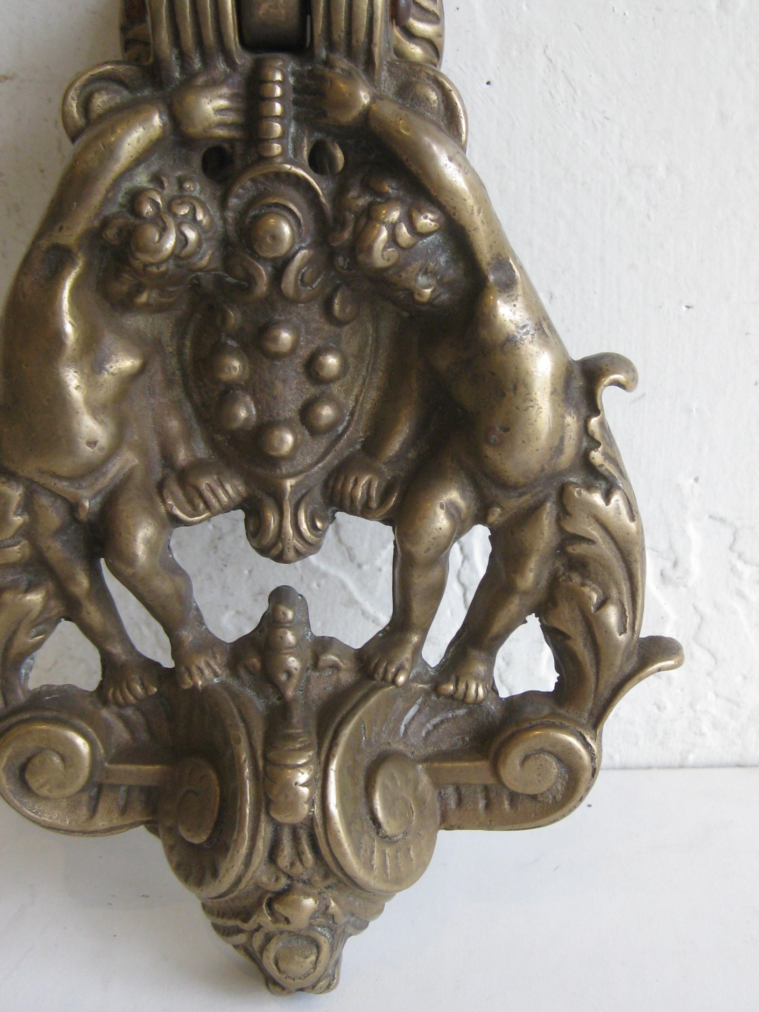 Swiss Antique Italian/French Gothic Grotesque Gargoyle & Cherubs Brass Door Knocker For Sale