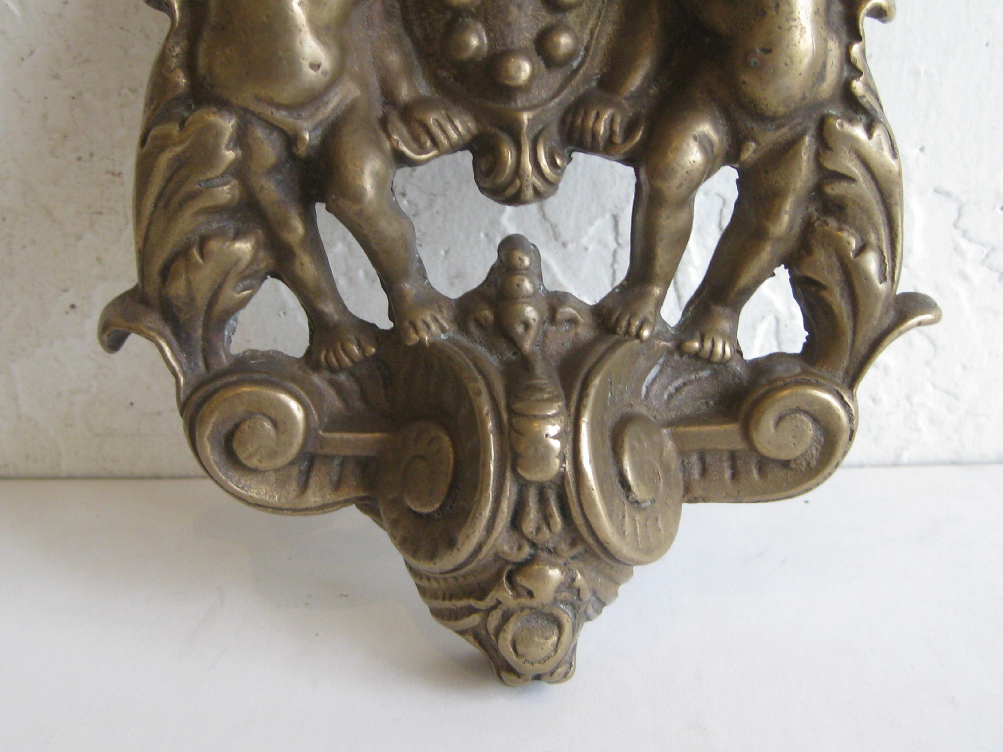 Hand-Crafted Antique Italian/French Gothic Grotesque Gargoyle & Cherubs Brass Door Knocker For Sale