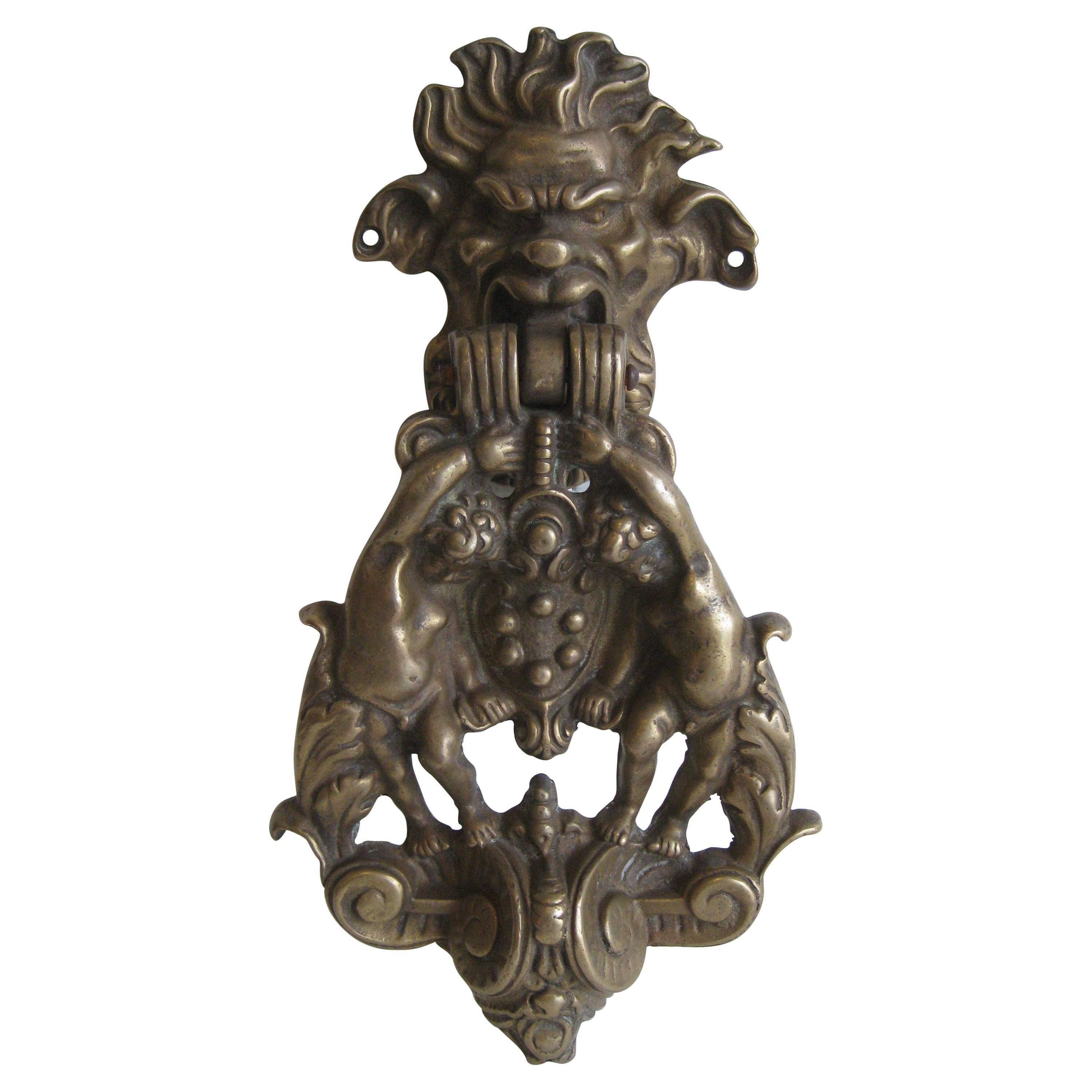 Antique Italian/French Gothic Grotesque Gargoyle & Cherubs Brass Door Knocker For Sale