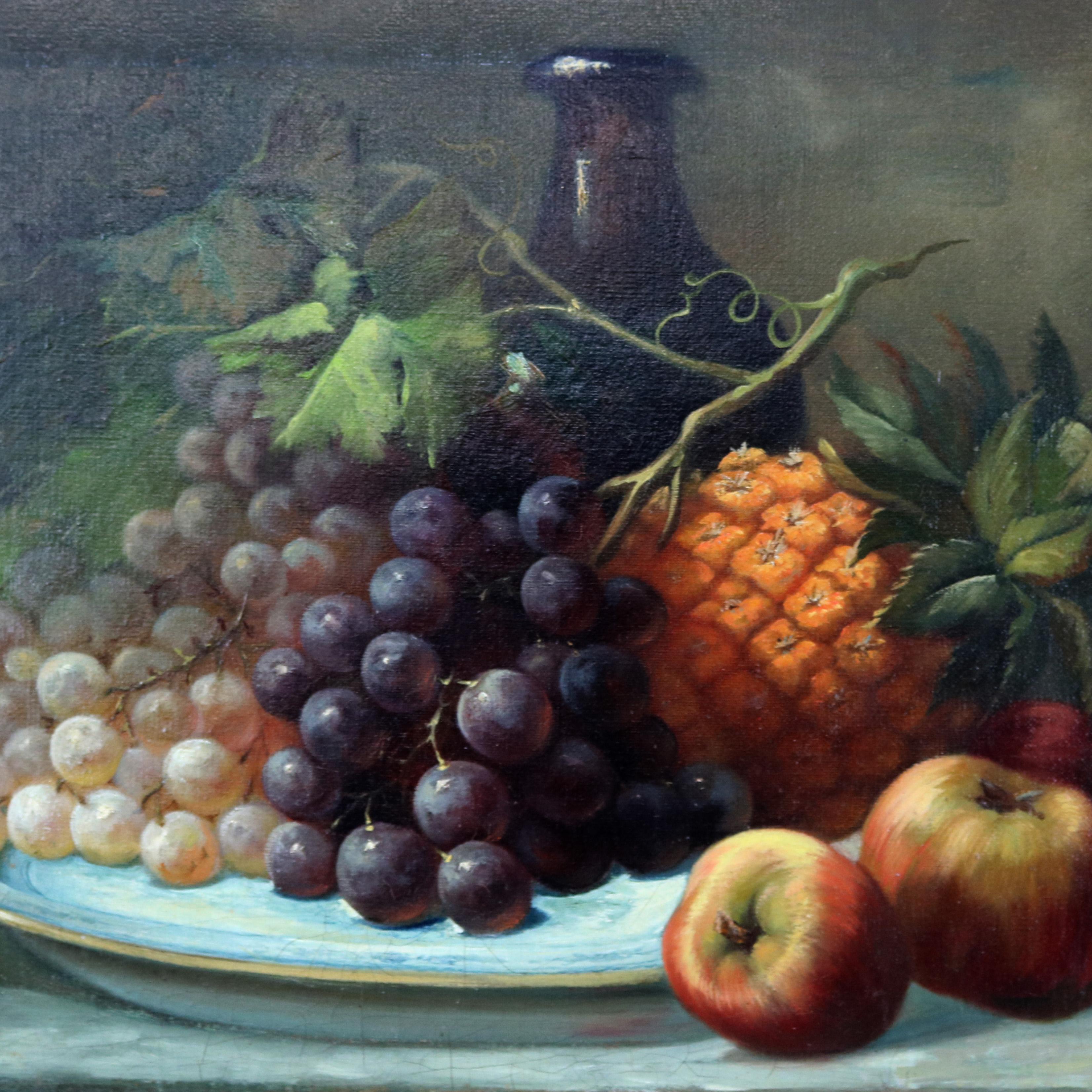 An antique Italian oil on canvas painting depicts fruit and bottle on table top artist signed, antique still life oil on canvas painting, artist signed lower right, circa 1890

Measures: 20.75