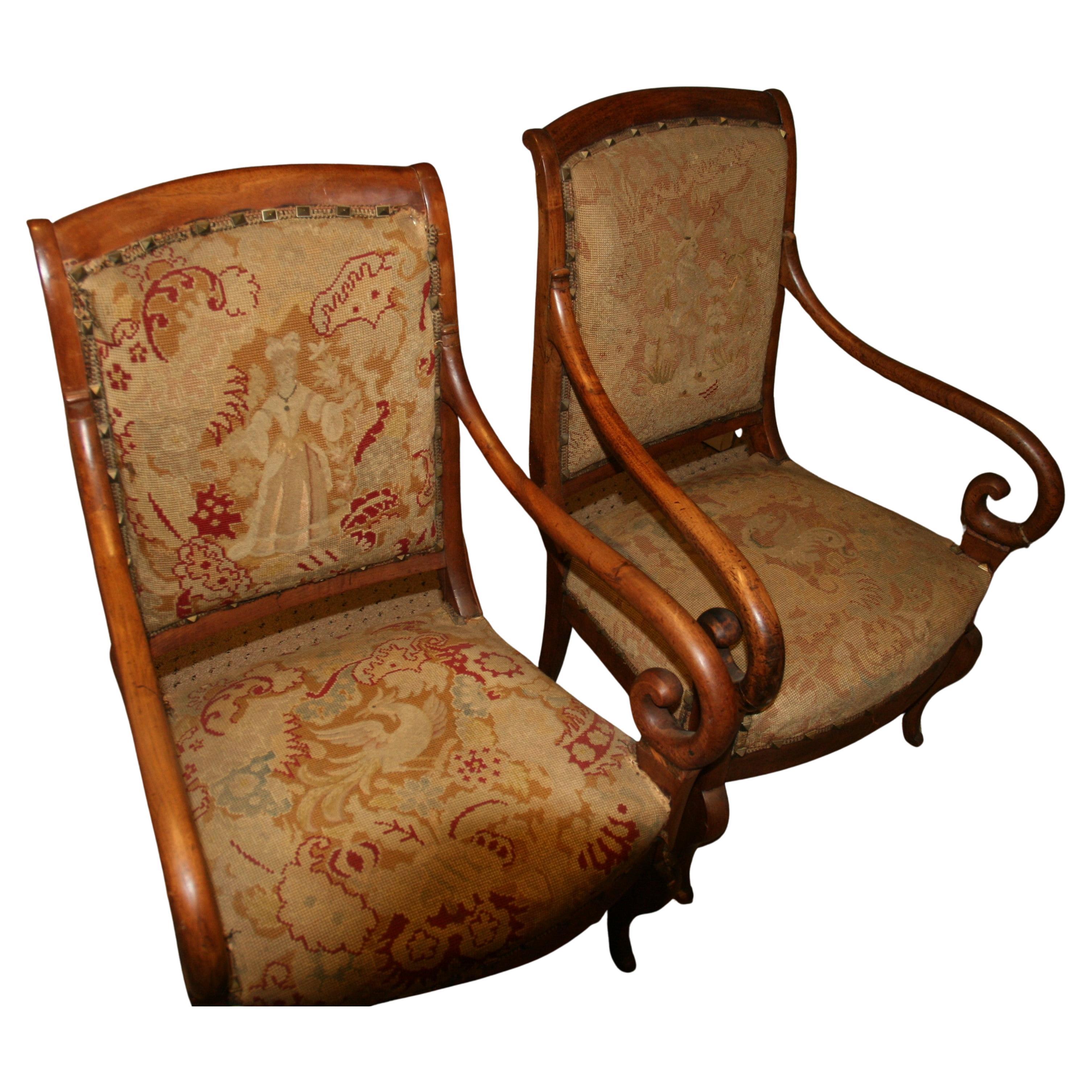 Sedie antiche italiane in legno di frutto con rivestimento in arazzo 1875