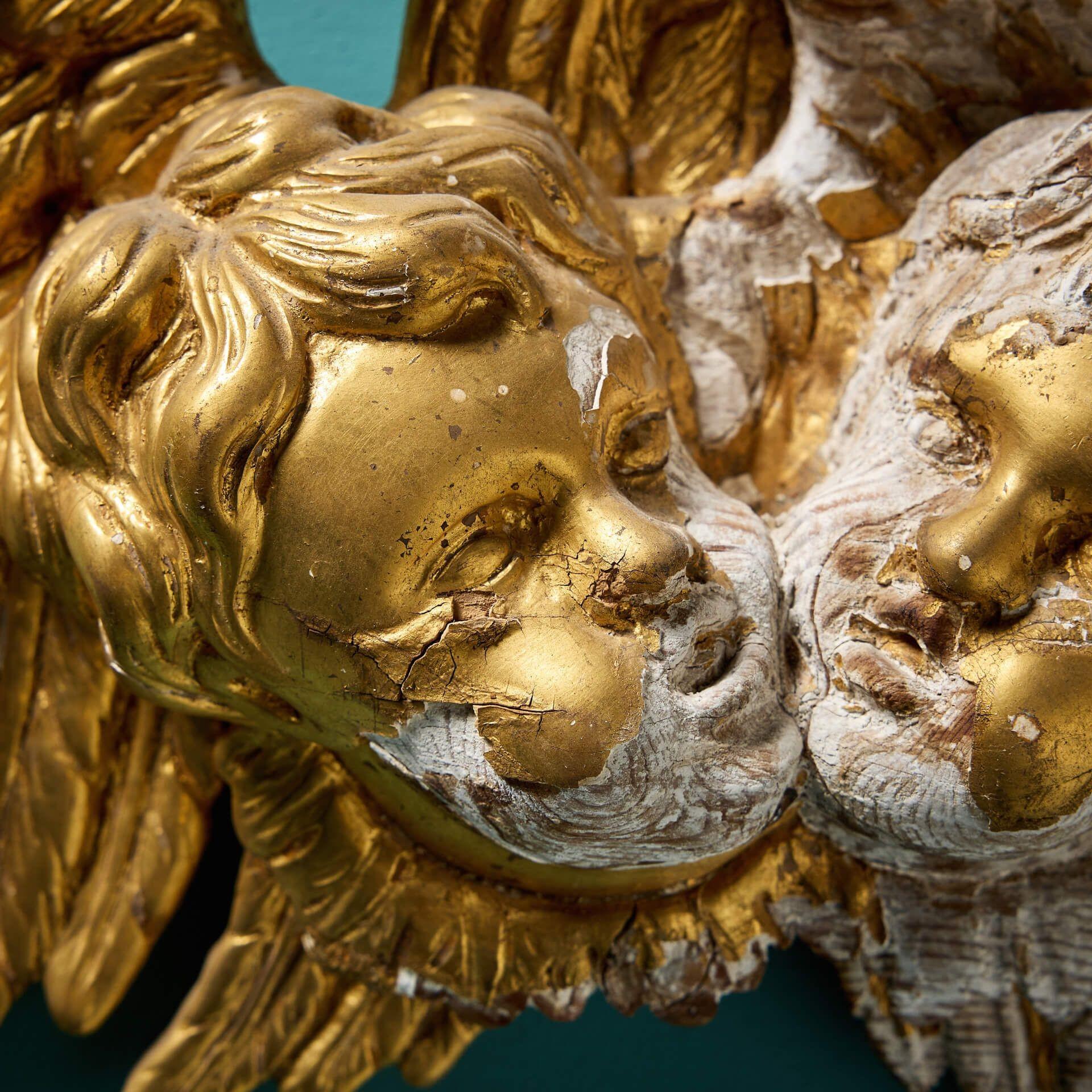 Antique Italian Gilded Putti Pair Wall Hanging In Fair Condition For Sale In Wormelow, Herefordshire