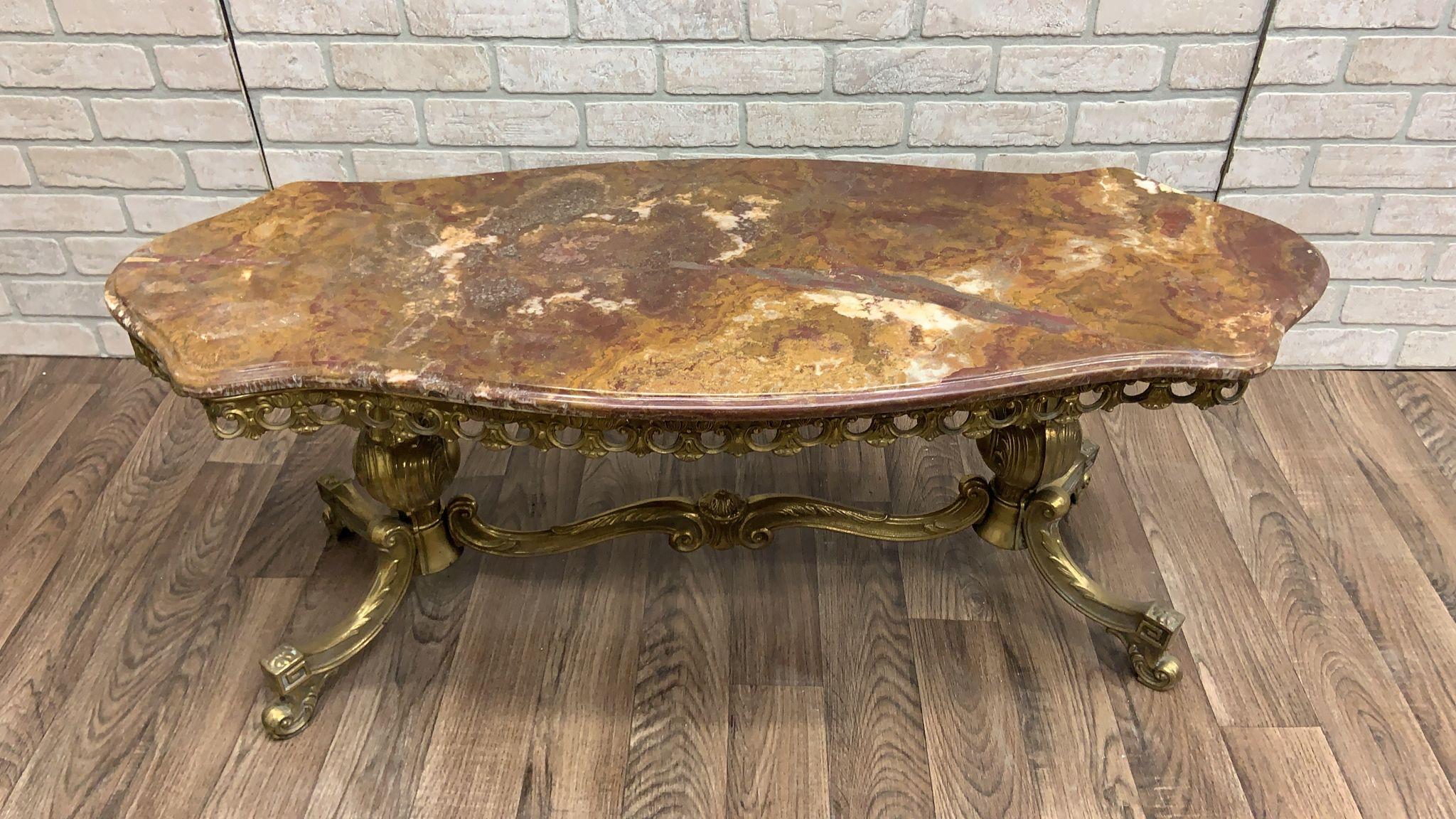 Hand-Crafted Antique Italian Gilt-Bronze Base Onyx Top Coffee/Cocktail Table For Sale