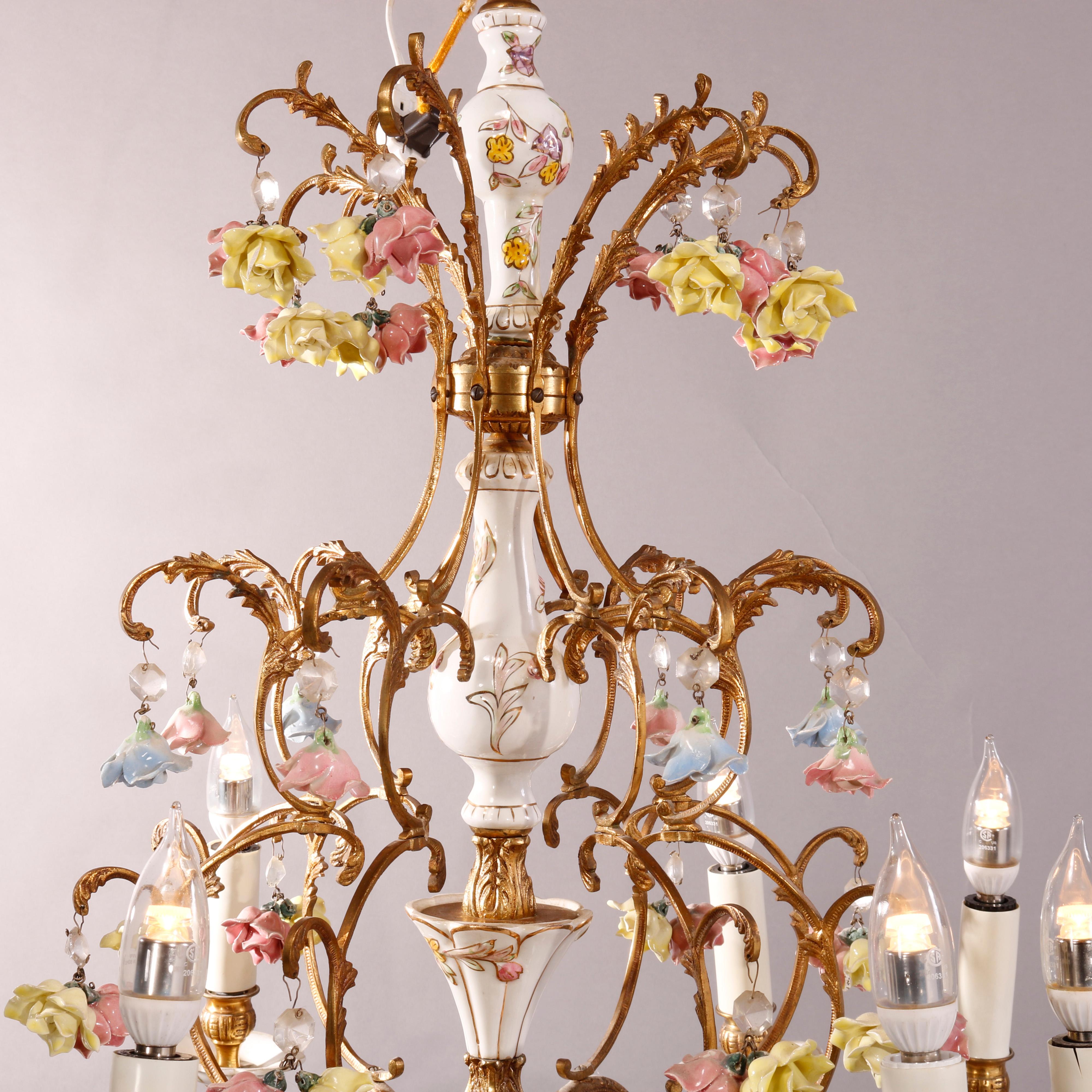 Antique Italian Gilt Bronze & Porcelain Eight-Light Chandelier 20th C In Good Condition In Big Flats, NY