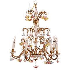 Antique Italian Gilt Bronze & Porcelain Eight-Light Chandelier 20th C