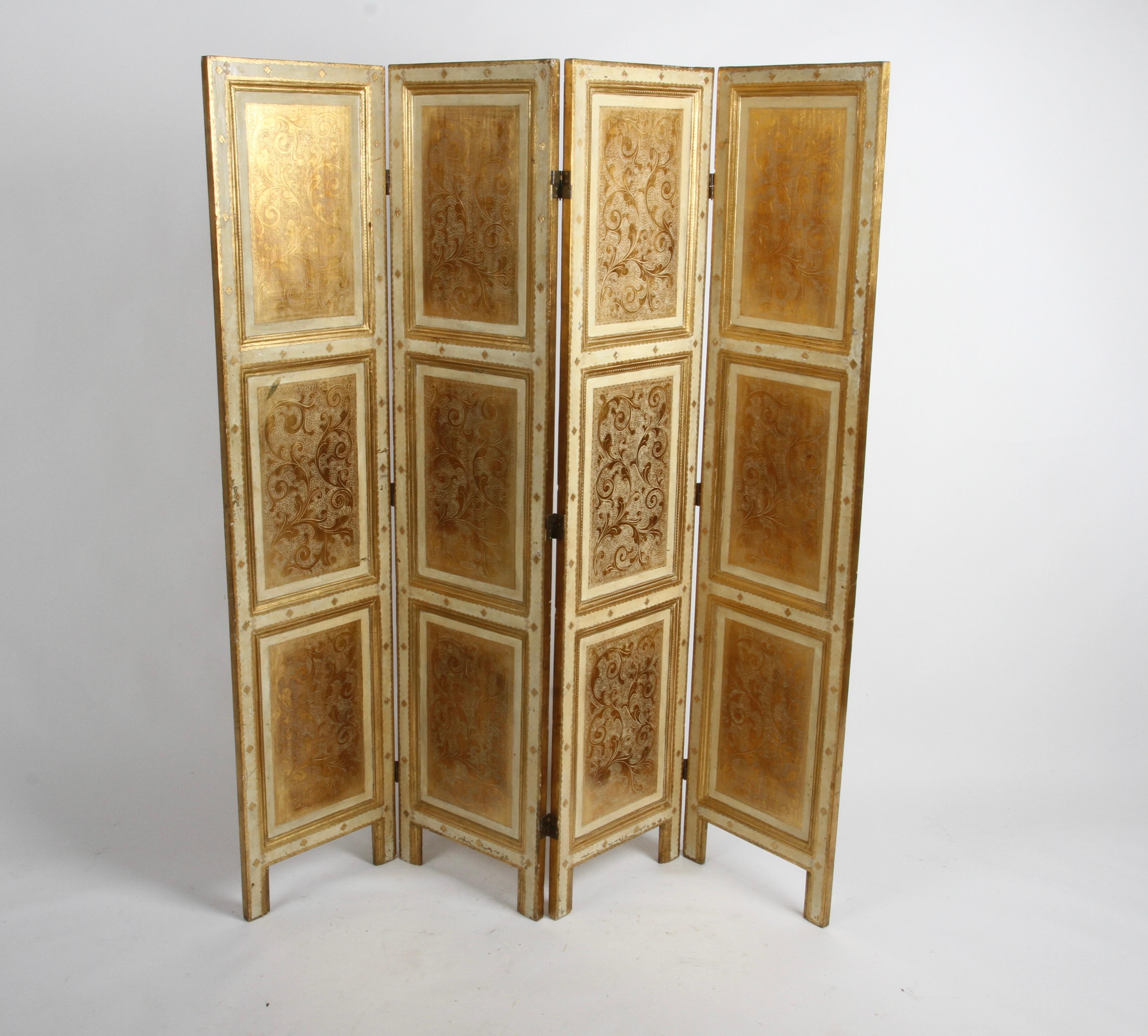 Antique Italian Gilt Florentine Four Panel Folding Screen or Room Divider 2