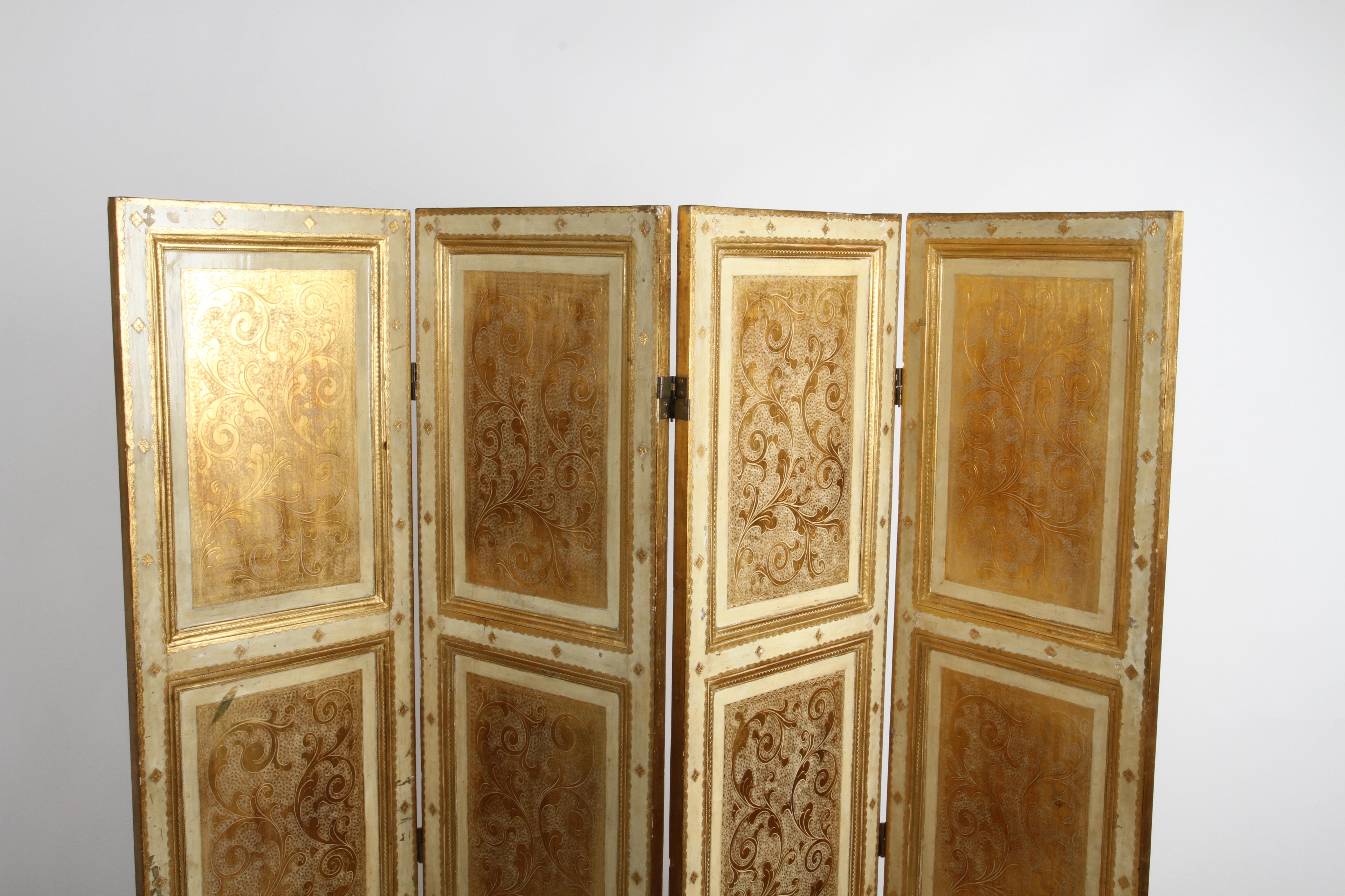Antique Italian Gilt Florentine Four Panel Folding Screen or Room Divider 3