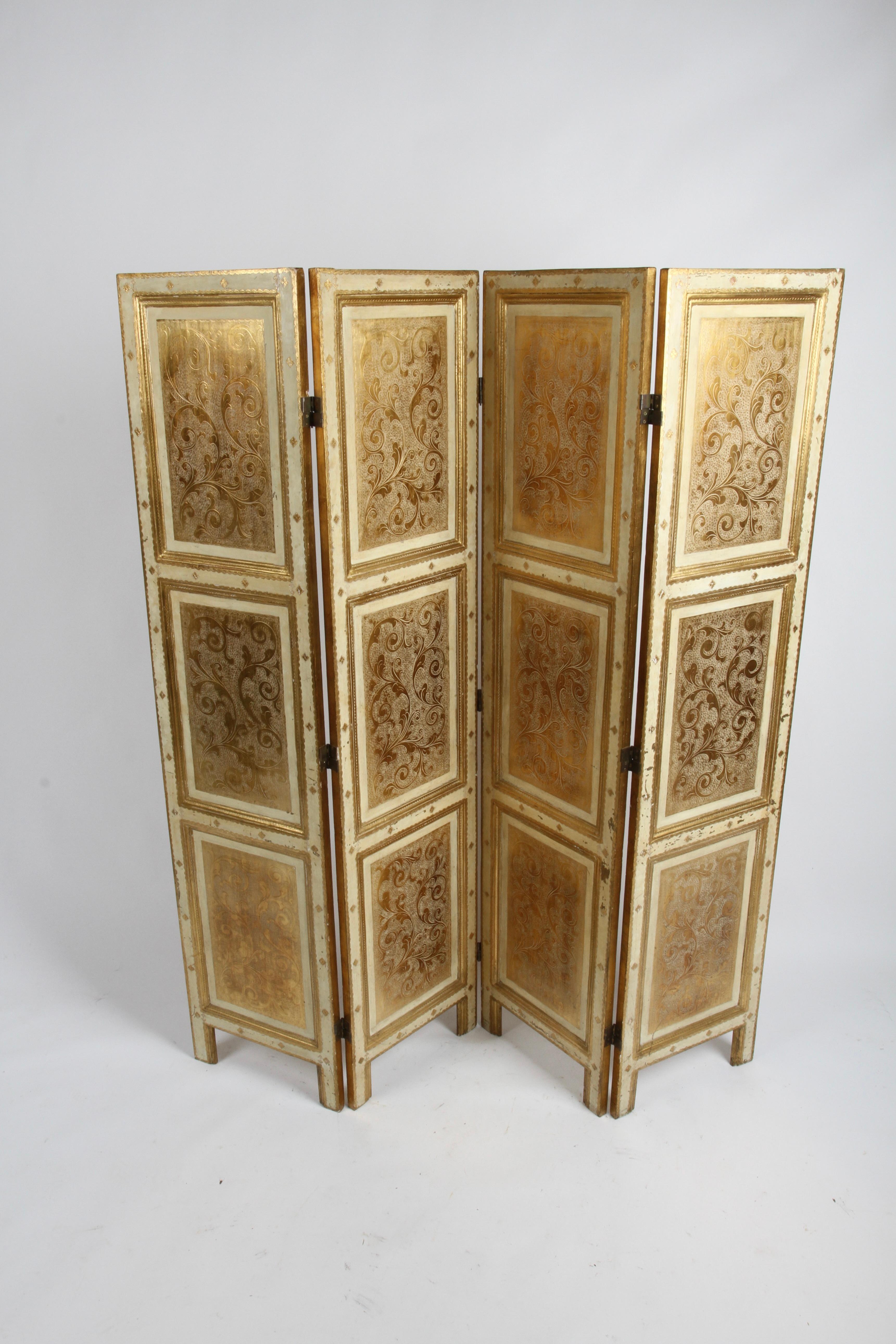 Fabulous antique Italian gilt Florentine two sided four panel folding screen or room divider. Overall very nice condition, some minor wear as seen in the photos, no repairs or breaks noted. Each panel is 15.75