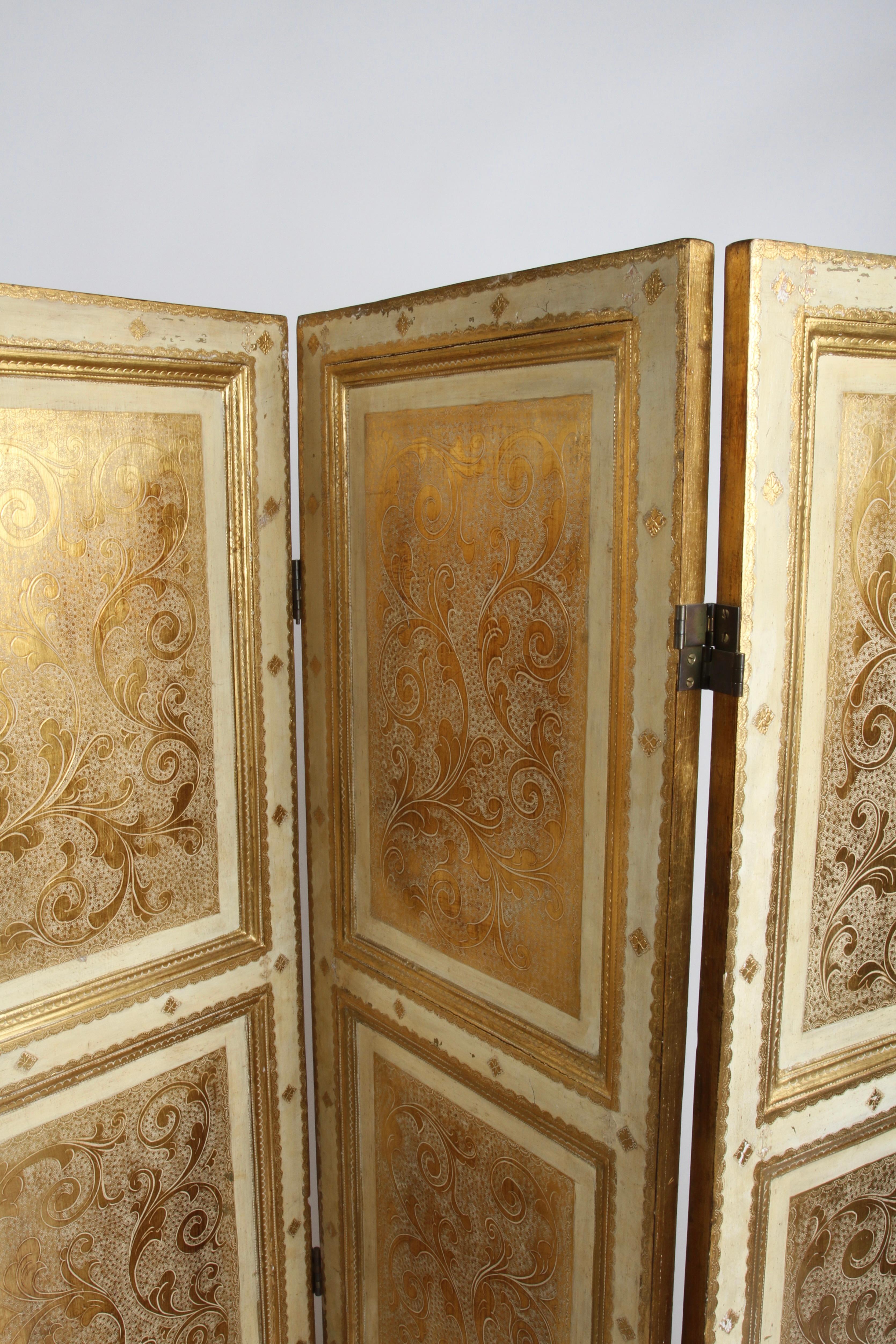 Antique Italian Gilt Florentine Four Panel Folding Screen or Room Divider 1