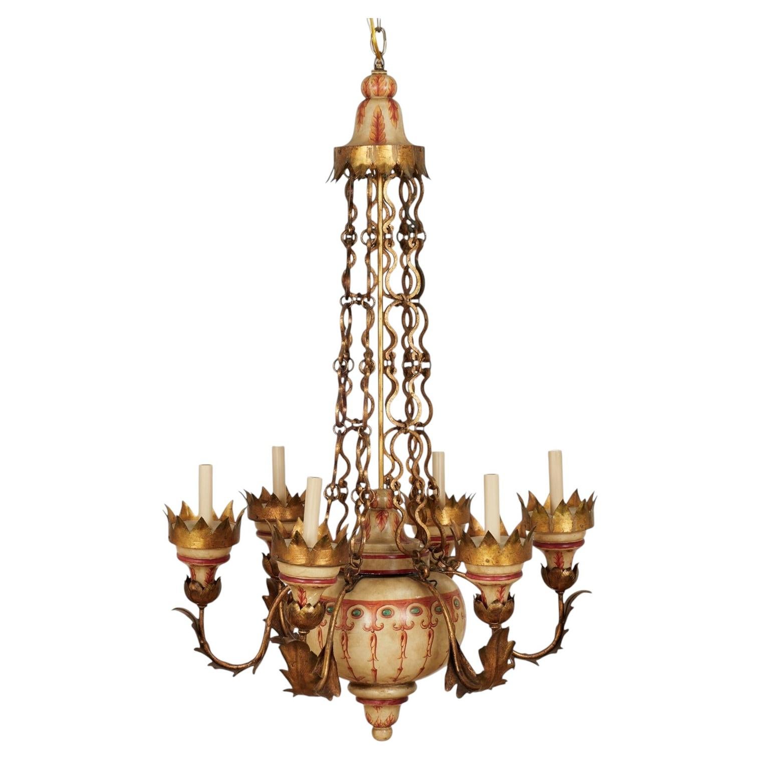 Antique Italian Gilt Metal and Painted Wood Chandelier