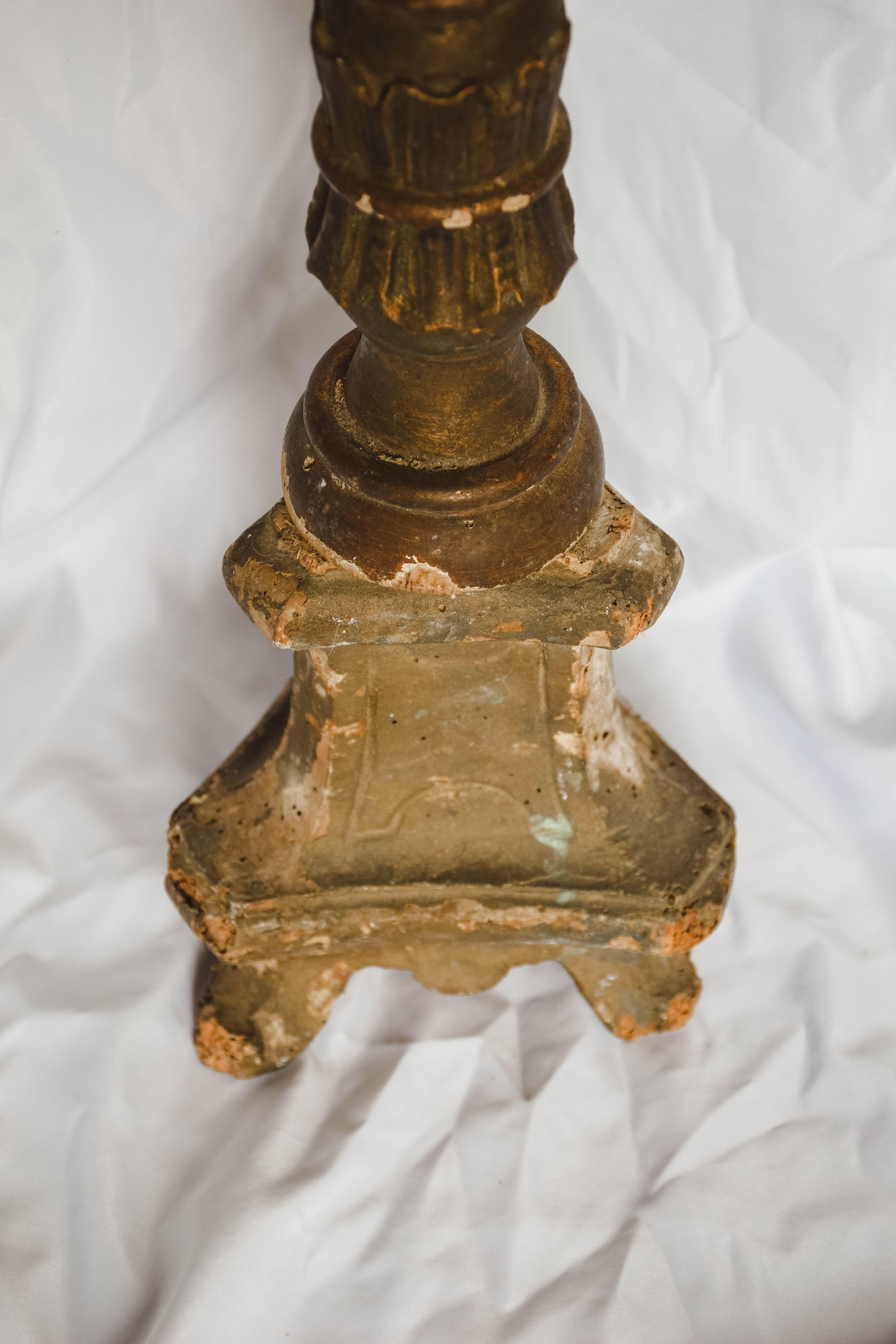 Antique Italian Giltwood Alter Candlestick In Distressed Condition In Houston, TX