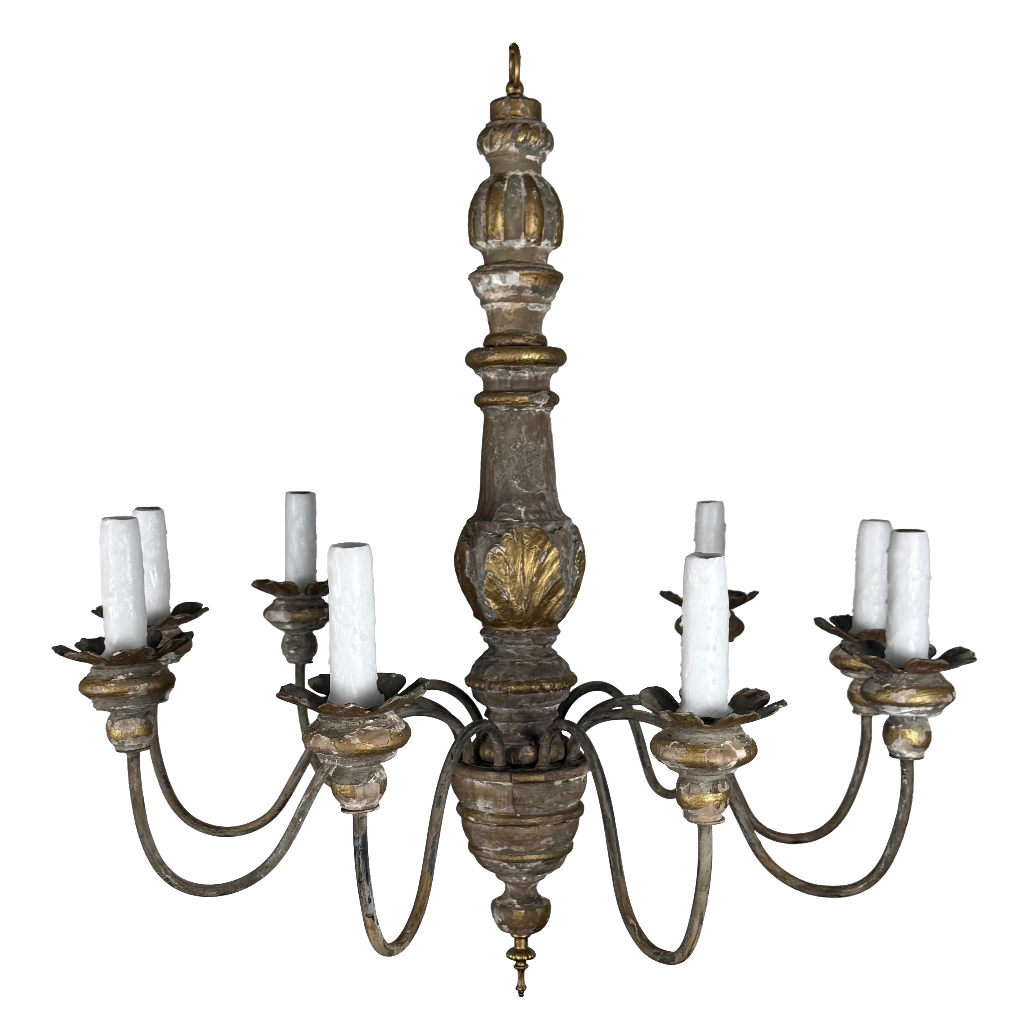 Antique Italian Giltwood and Iron Six-Light Chandelier