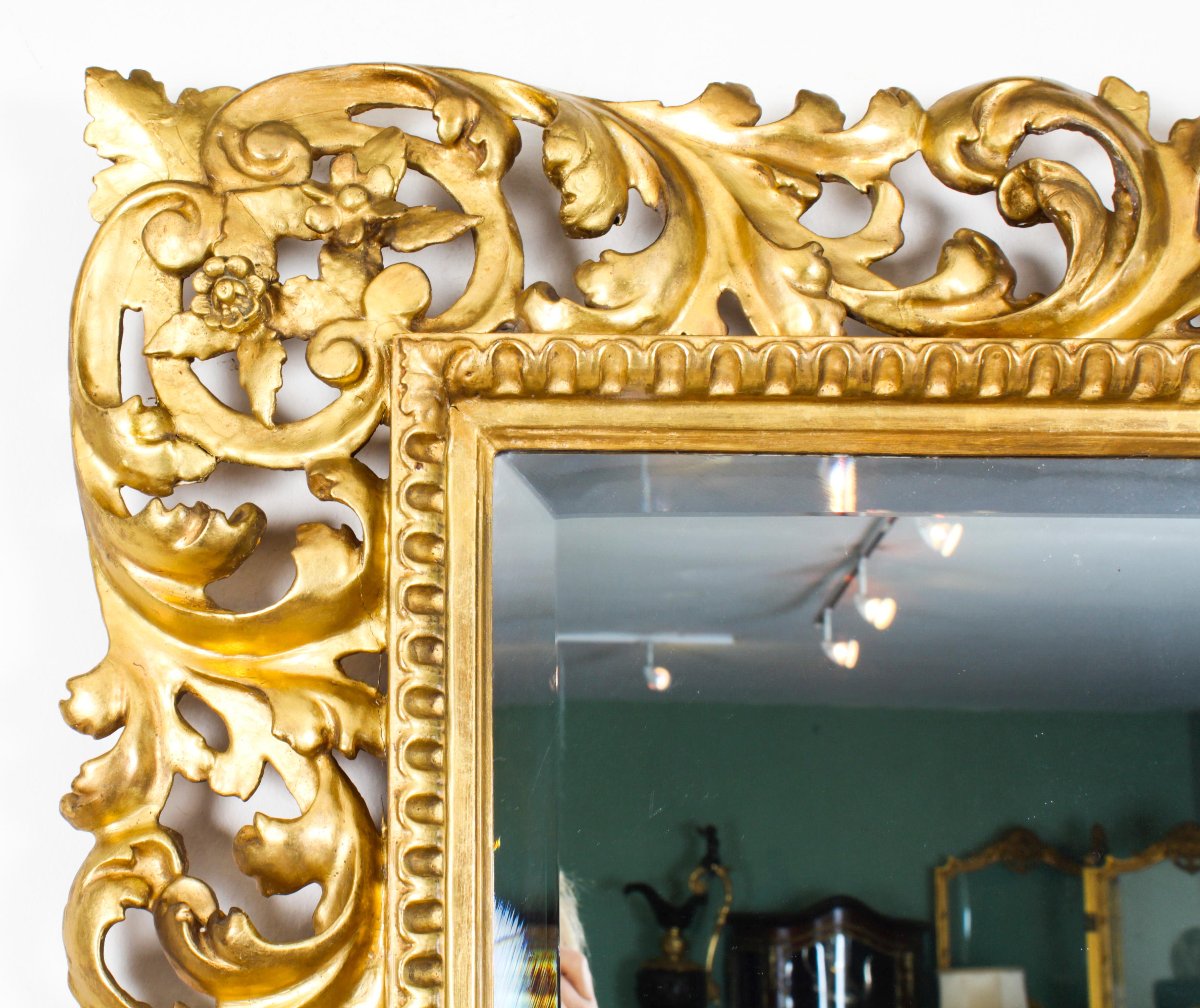 A superbly carved and highly decorative Florentine giltwood mirror, dating from Circa 1880.
 
This rectangular mirror consists of a superbly carved giltwood frame decorated with flowers and scrolling acanthus leaf decoration in high relief.
 
This