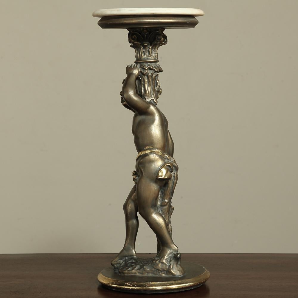 Hand-Crafted Antique Italian Giltwood Pedestal with Carved Cherub & Marble Top For Sale