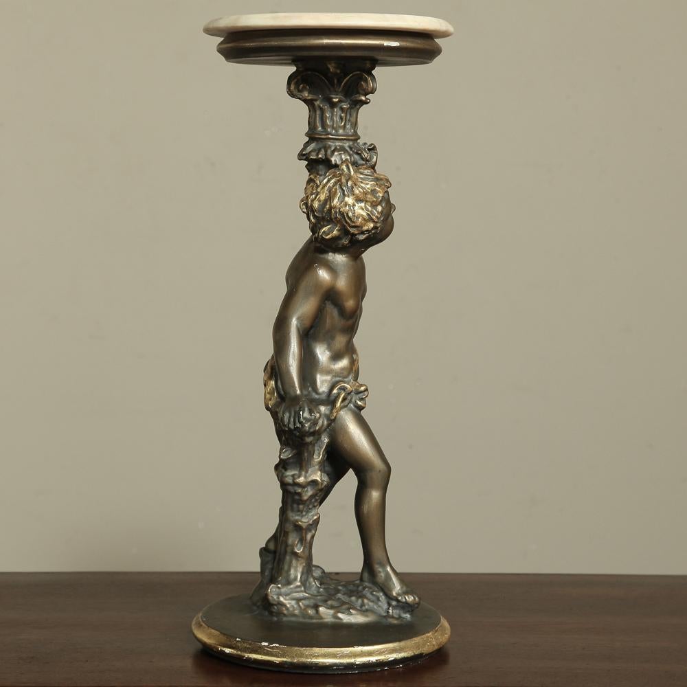 20th Century Antique Italian Giltwood Pedestal with Carved Cherub & Marble Top For Sale