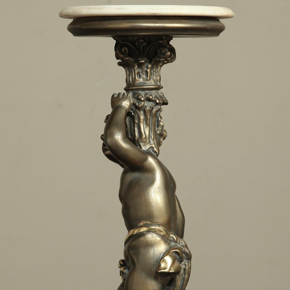 Antique Italian Giltwood Pedestal with Carved Cherub & Marble Top For Sale 3