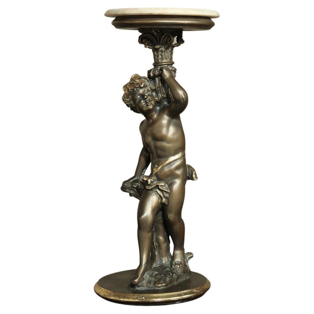 Antique Italian Giltwood Pedestal with Carved Cherub & Marble Top For Sale