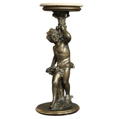 Vintage Italian Giltwood Pedestal with Carved Cherub & Marble Top