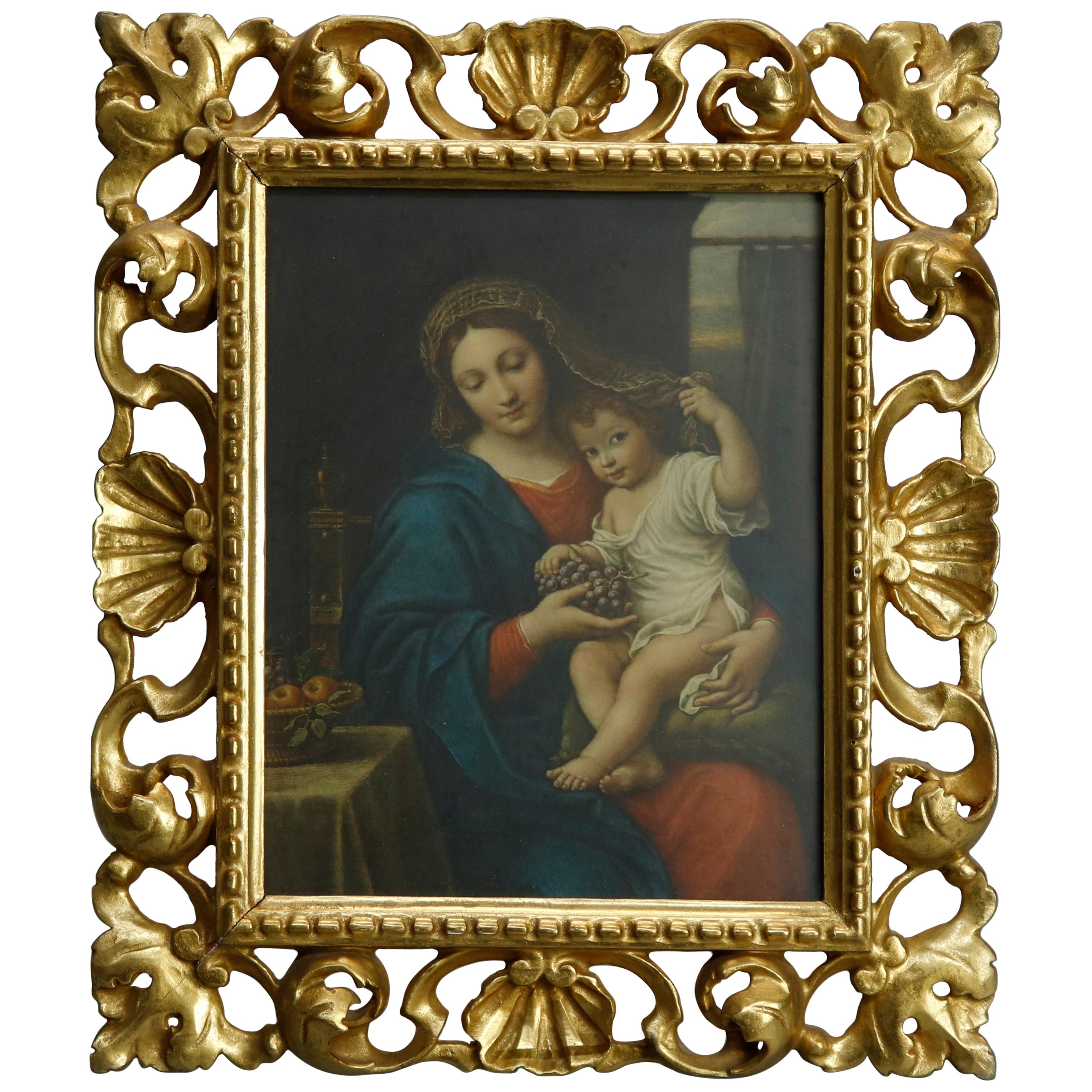 Antique Italian Giltwood Reticulated Foliate Frame with Old Master Print, c1890