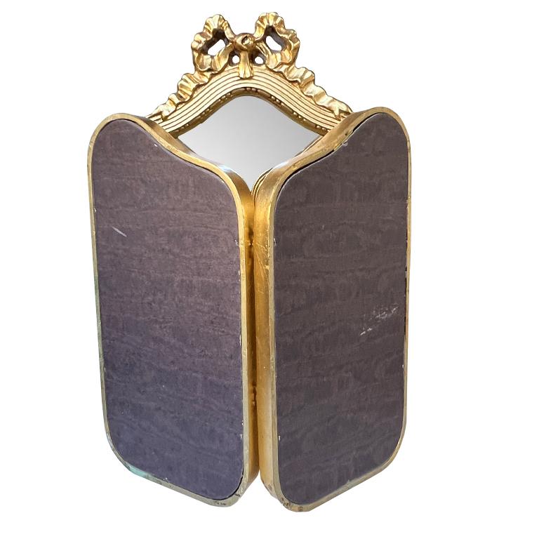 Antique Italian Giltwood Tri-Fold Mirror with Ribbon Crest Hollywood Regency For Sale 6