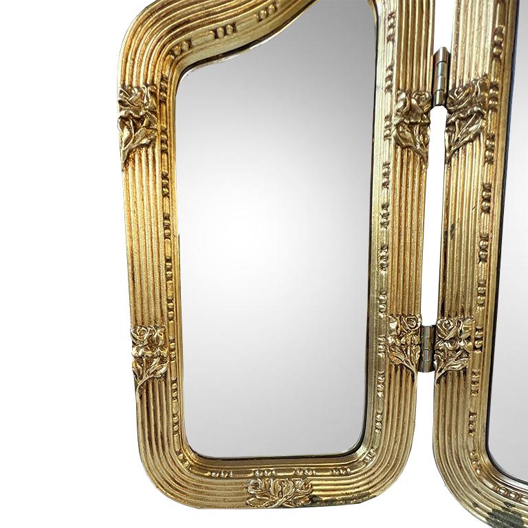 Rococo Antique Italian Giltwood Tri-Fold Mirror with Ribbon Crest Hollywood Regency For Sale