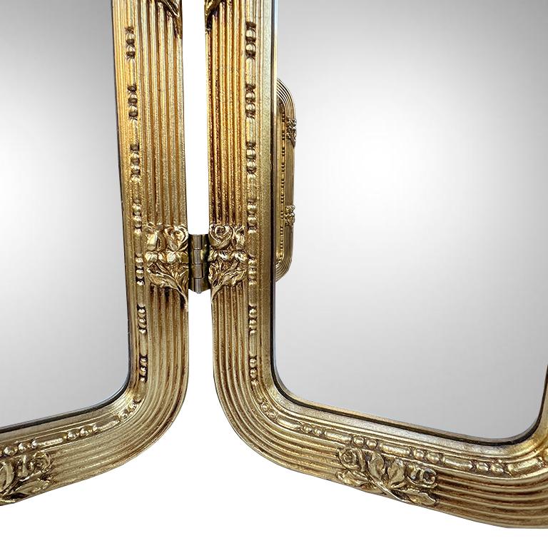 20th Century Antique Italian Giltwood Tri-Fold Mirror with Ribbon Crest Hollywood Regency For Sale