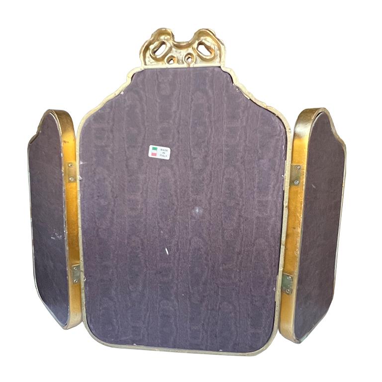 Antique Italian Giltwood Tri-Fold Mirror with Ribbon Crest Hollywood Regency For Sale 4