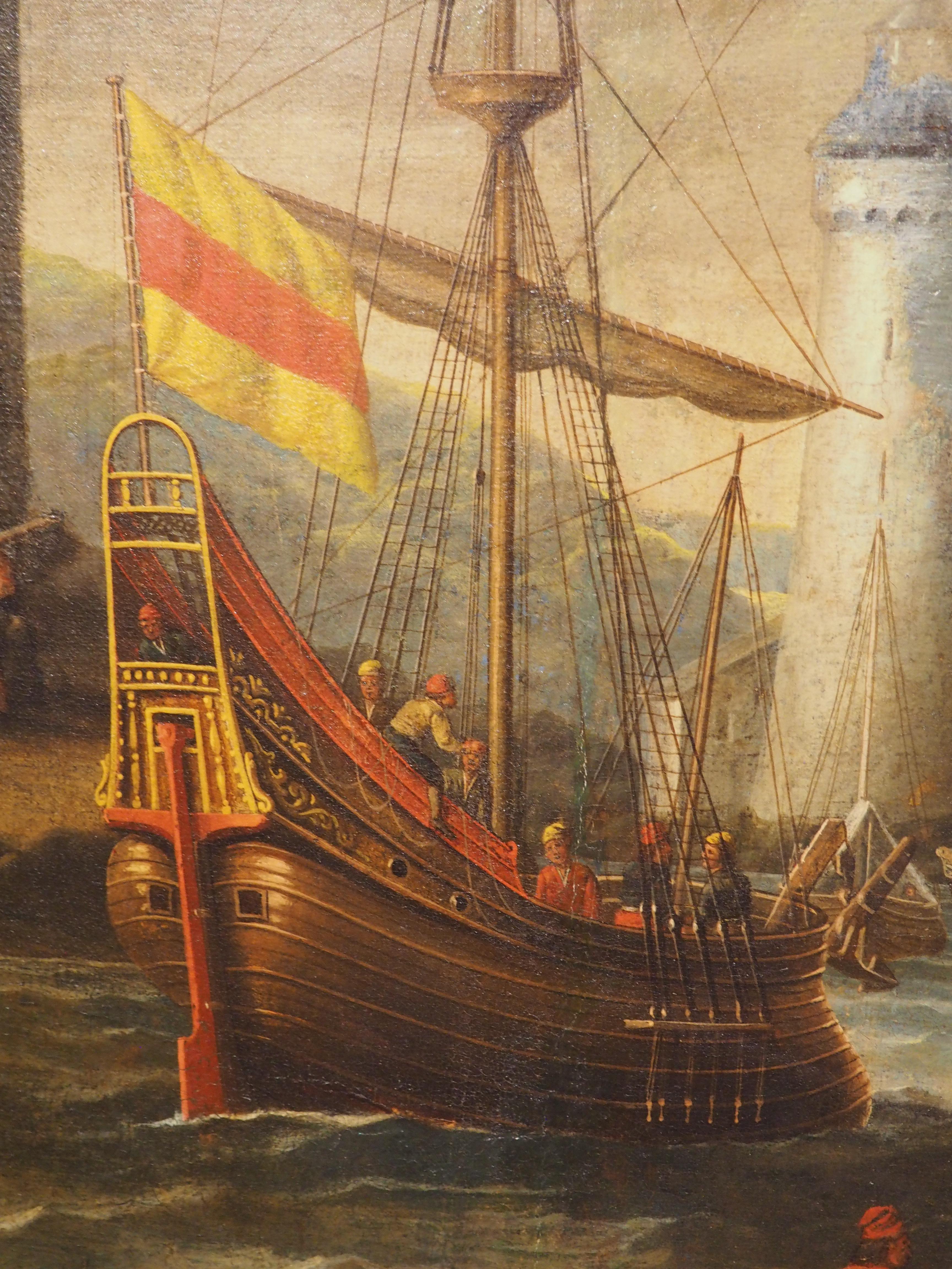 Miroir Trumeau italien ancien en bois doré avec peinture à l'huile d'une scène de port, vers 1780 en vente 10