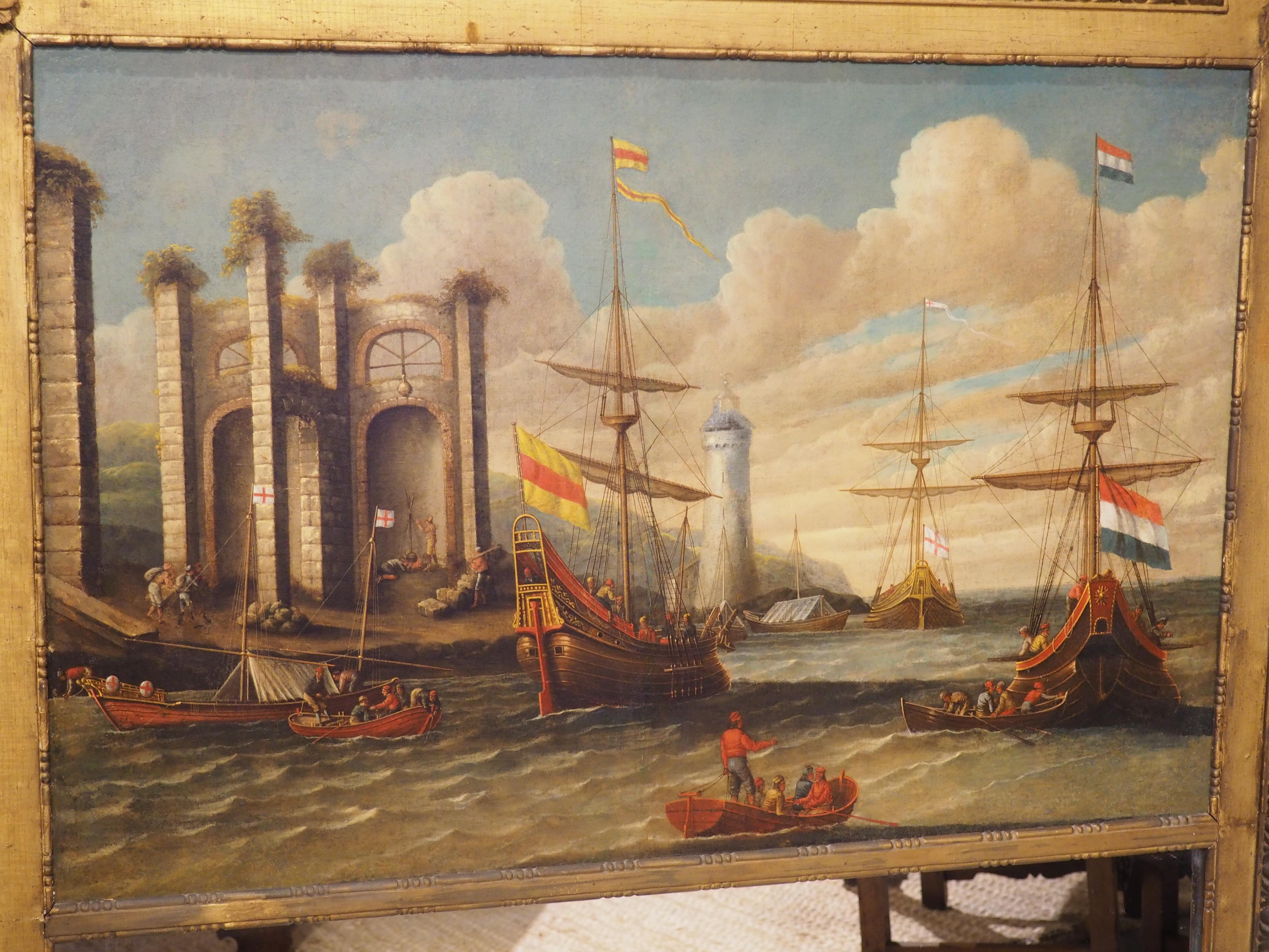 Antique Italian Giltwood Trumeau Mirror with Harbor Scene Oil Painting, C. 1780 For Sale 13