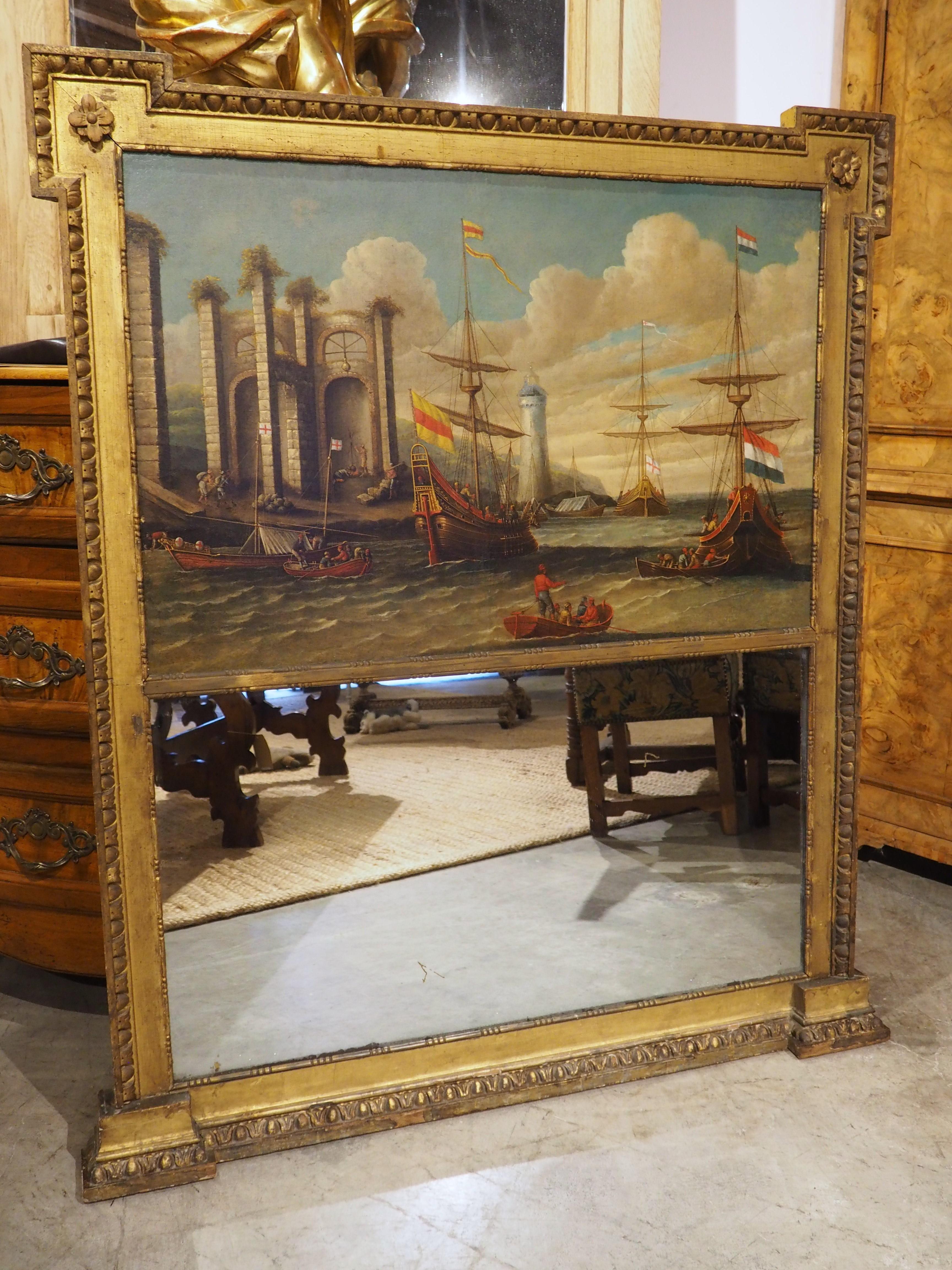 Antique Italian Giltwood Trumeau Mirror with Harbor Scene Oil Painting, C. 1780 For Sale 14